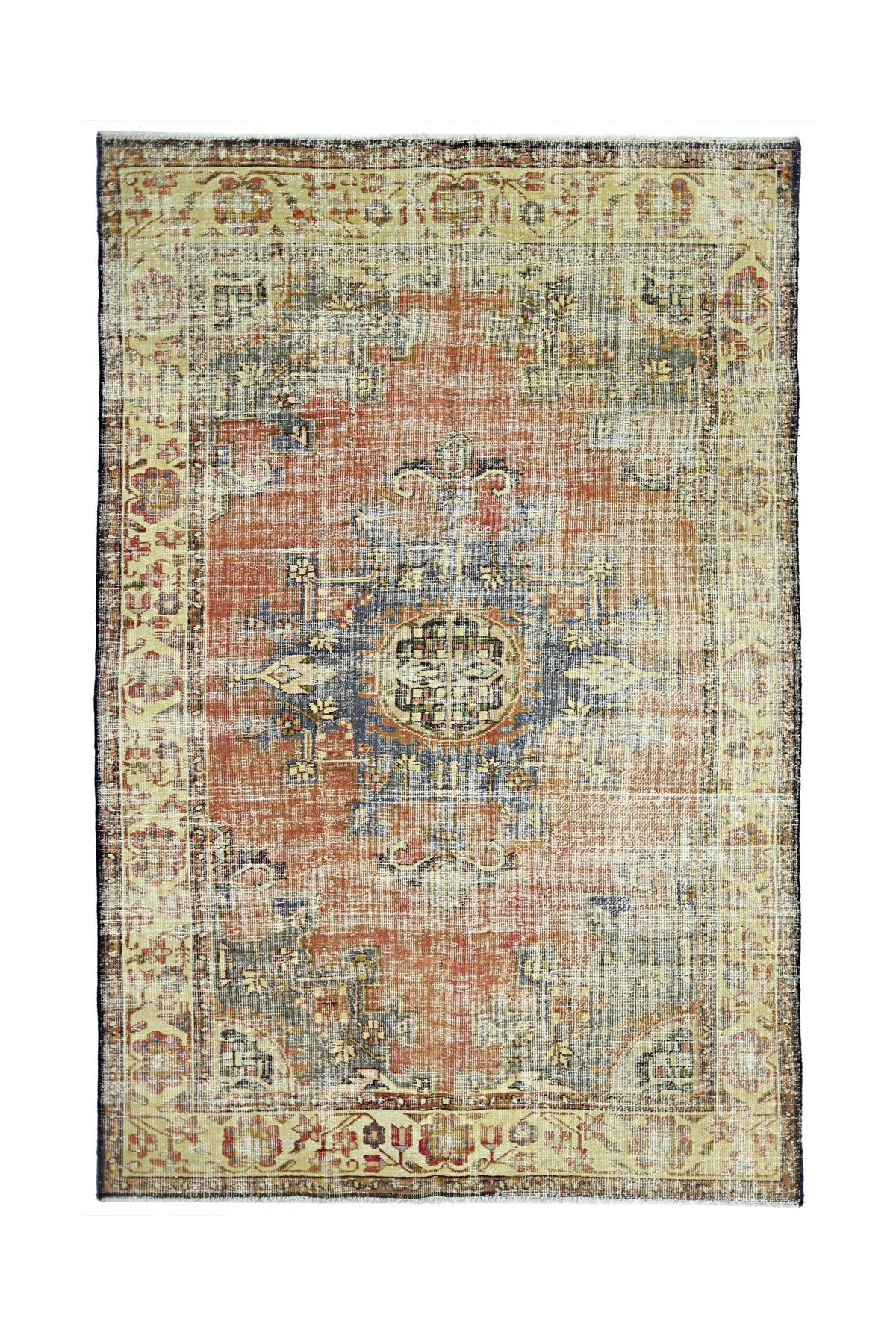 A vintage Persian rug featuring a central medallion in blue and orange with a distressed finish.