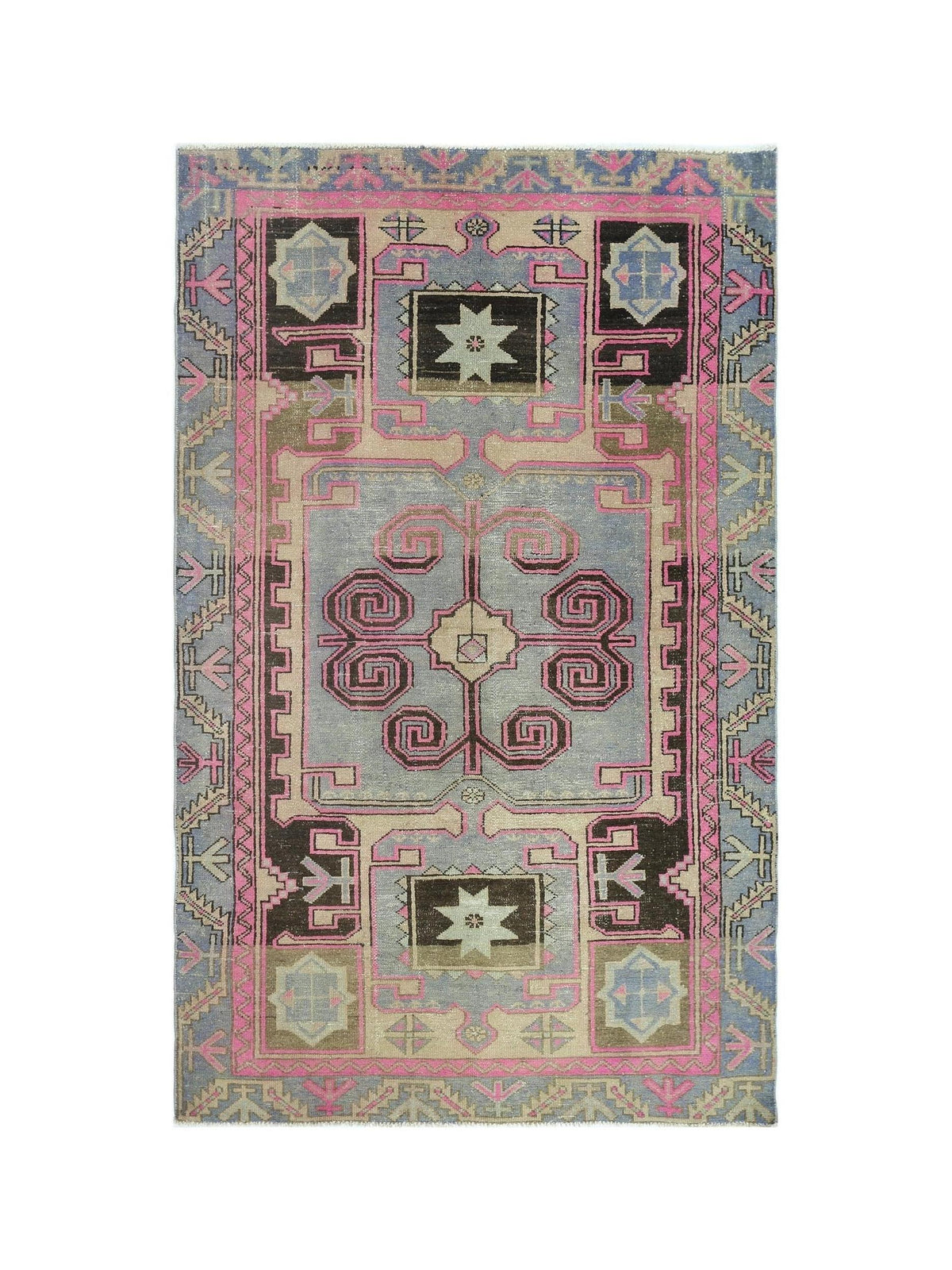 A vintage Persian Hamadan rug featuring a geometric central motif in pink, blue, and brown tones.