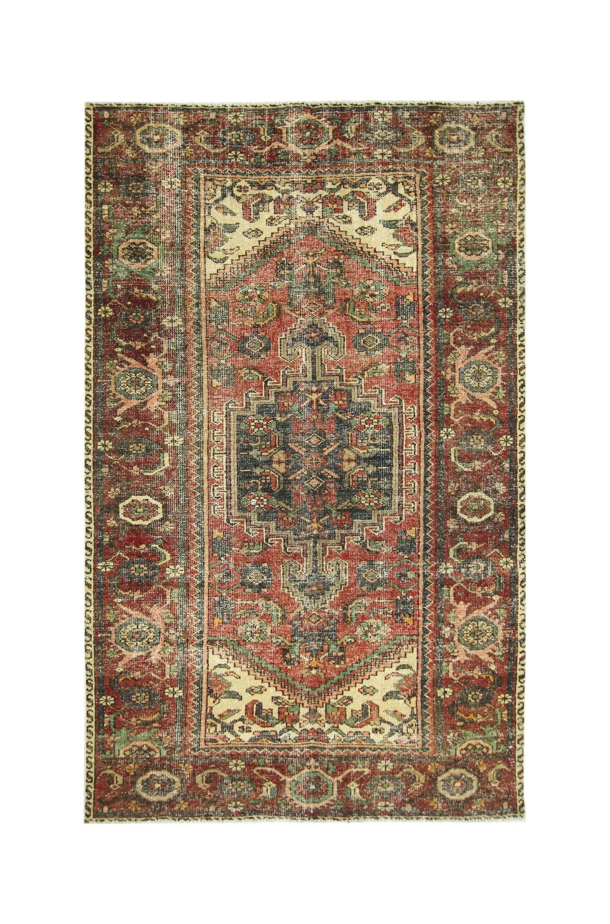 Hand-knotted vintage Hamadan rug featuring a central dark medallion with red, green, and cream floral tribal motifs.