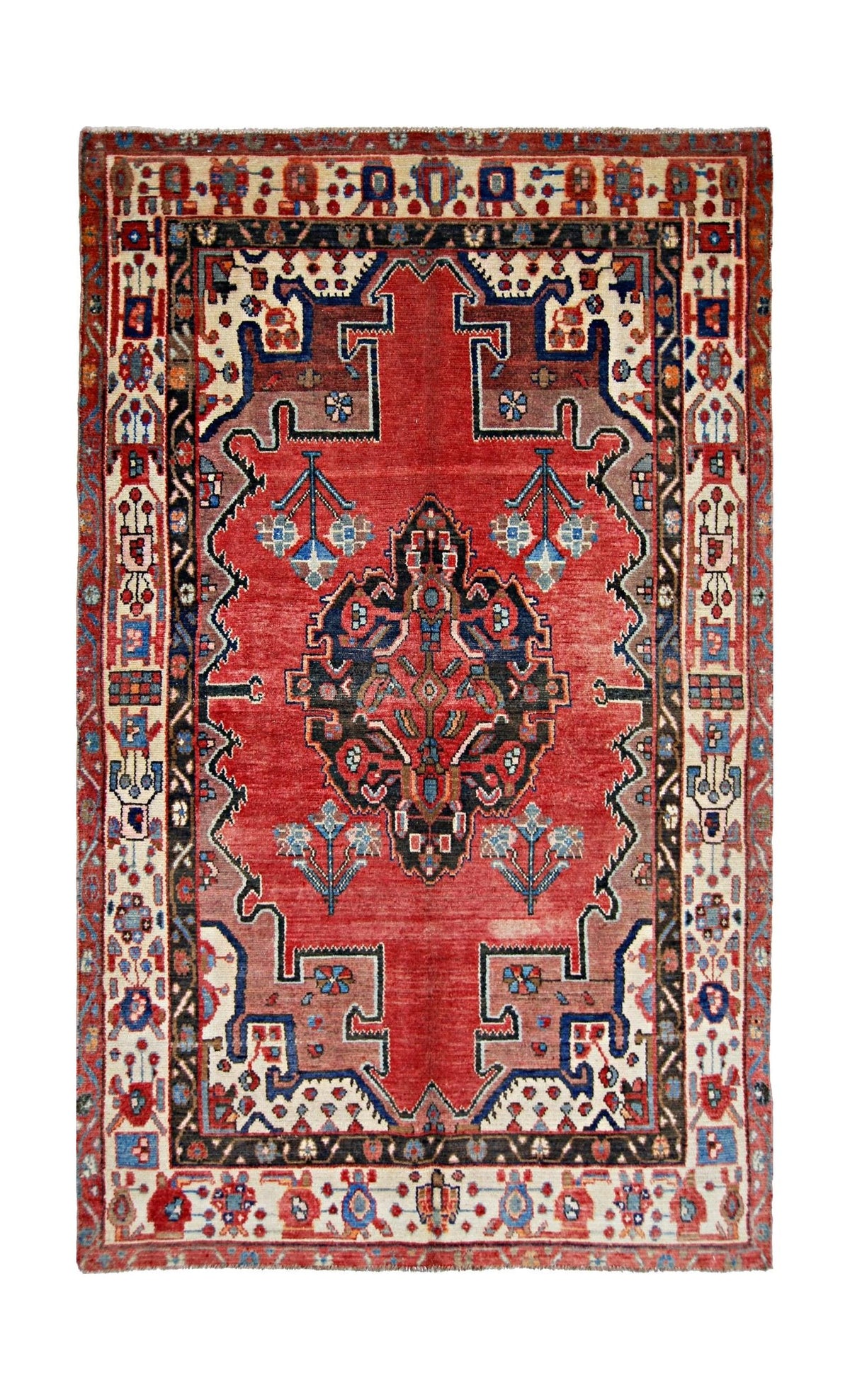 Hand-knotted Persian Hamadan rug featuring a red field with a central dark medallion and intricate floral border details.