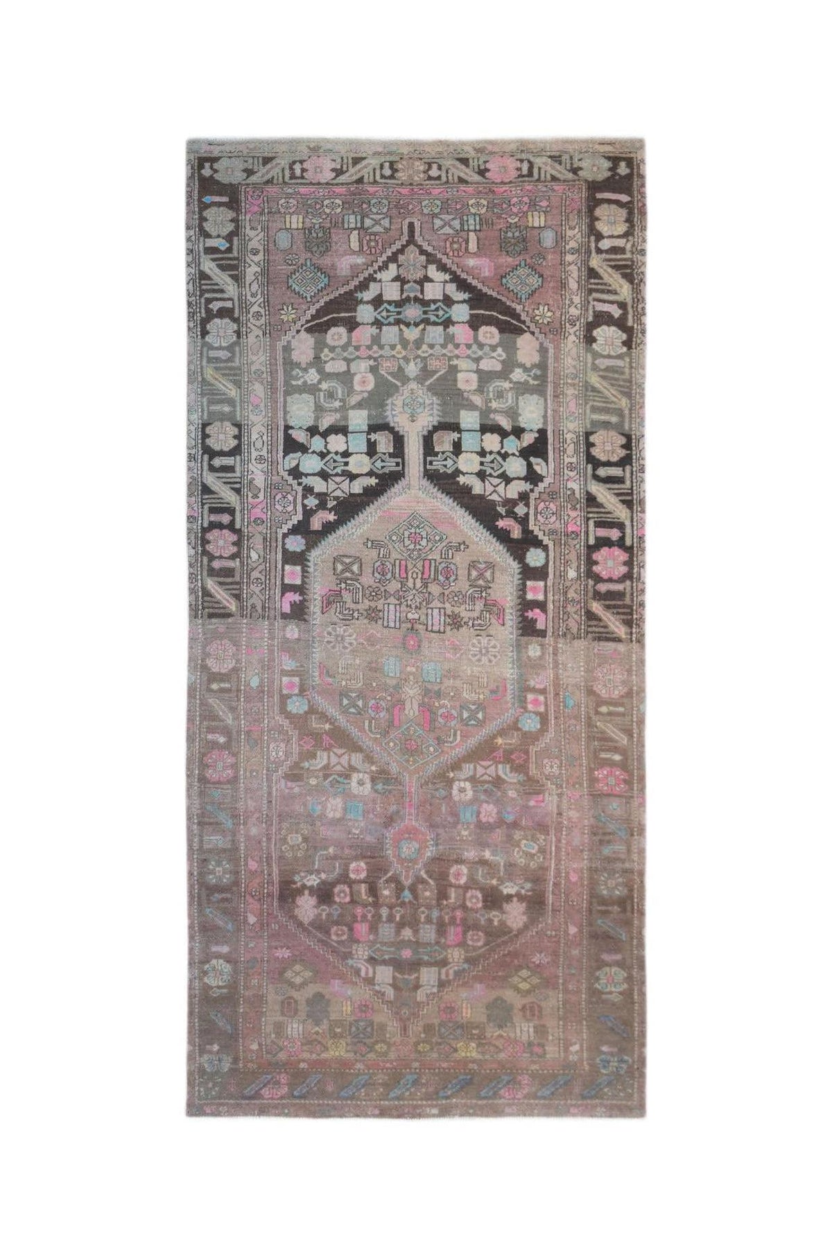 Hand-knotted vintage Hamadan rug featuring a central diamond medallion in muted pink, charcoal, and blue floral motifs.
