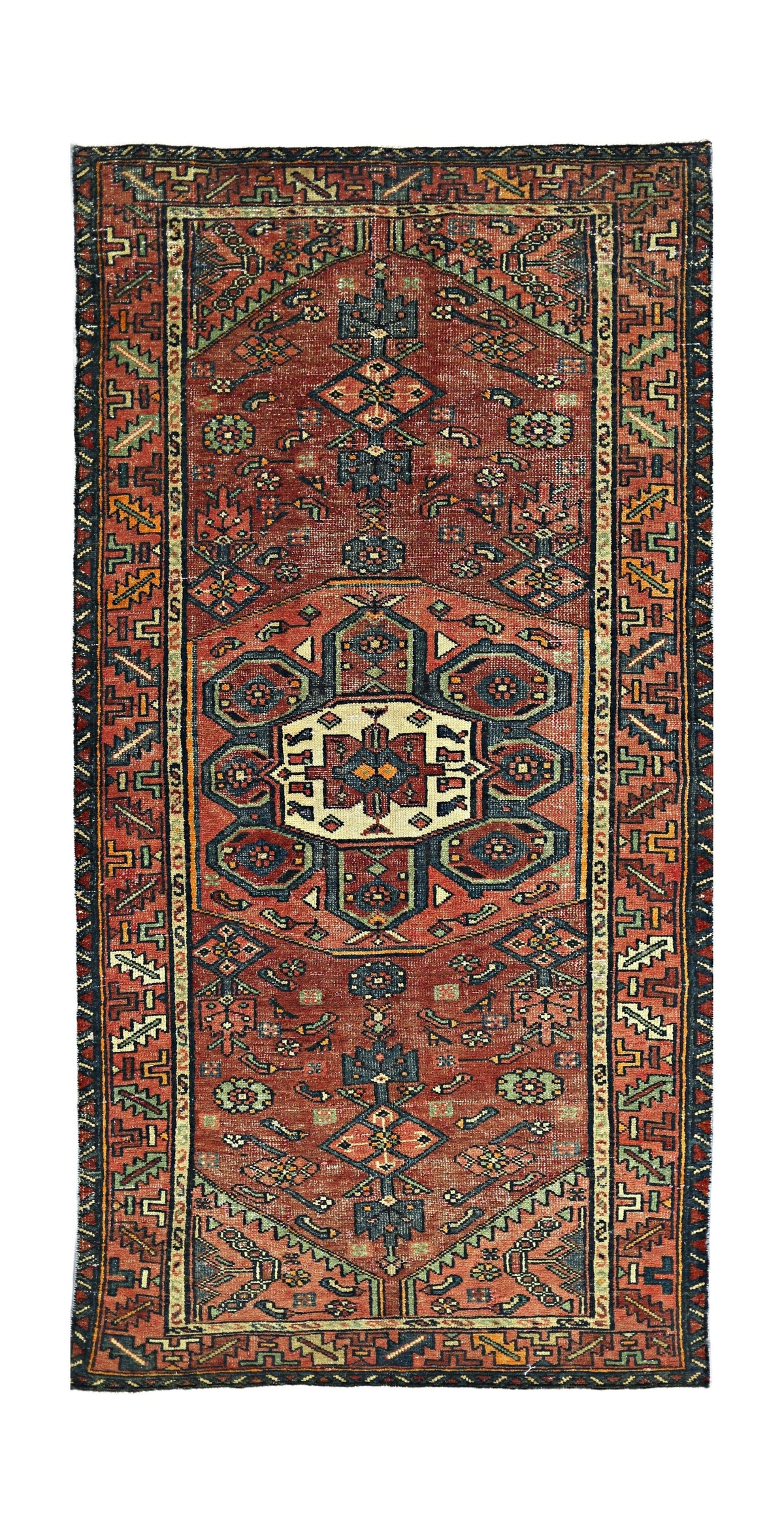 Hand-knotted vintage Hamadan runner featuring a central medallion with red, blue, and cream tribal floral motifs.