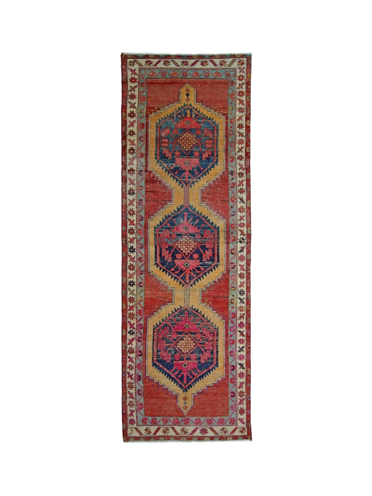 Hand-knotted vintage Hamadan runner featuring three central hexagonal medallions in red, blue, and yellow wool.