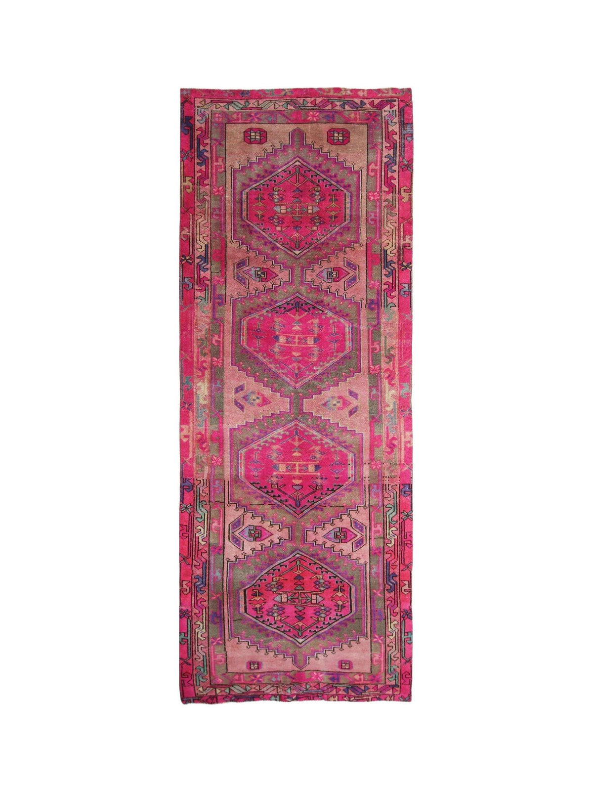 Hand-knotted vintage Persian Hamadan runner featuring repeating pink hexagonal medallions and tribal floral motifs.