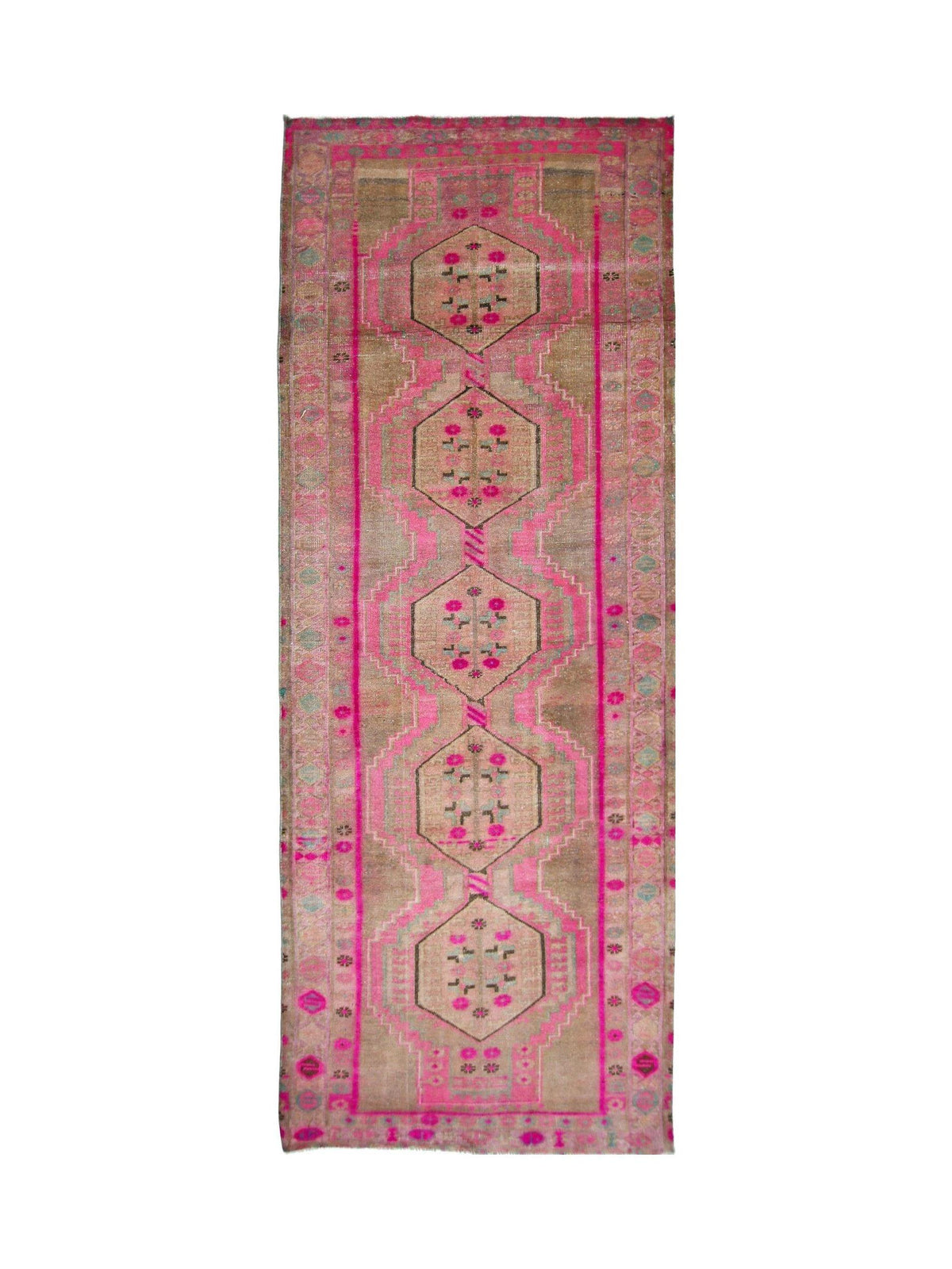 Hand-knotted vintage Hamadan runner featuring pink hexagonal medallions and angular floral motifs on a beige wool field.