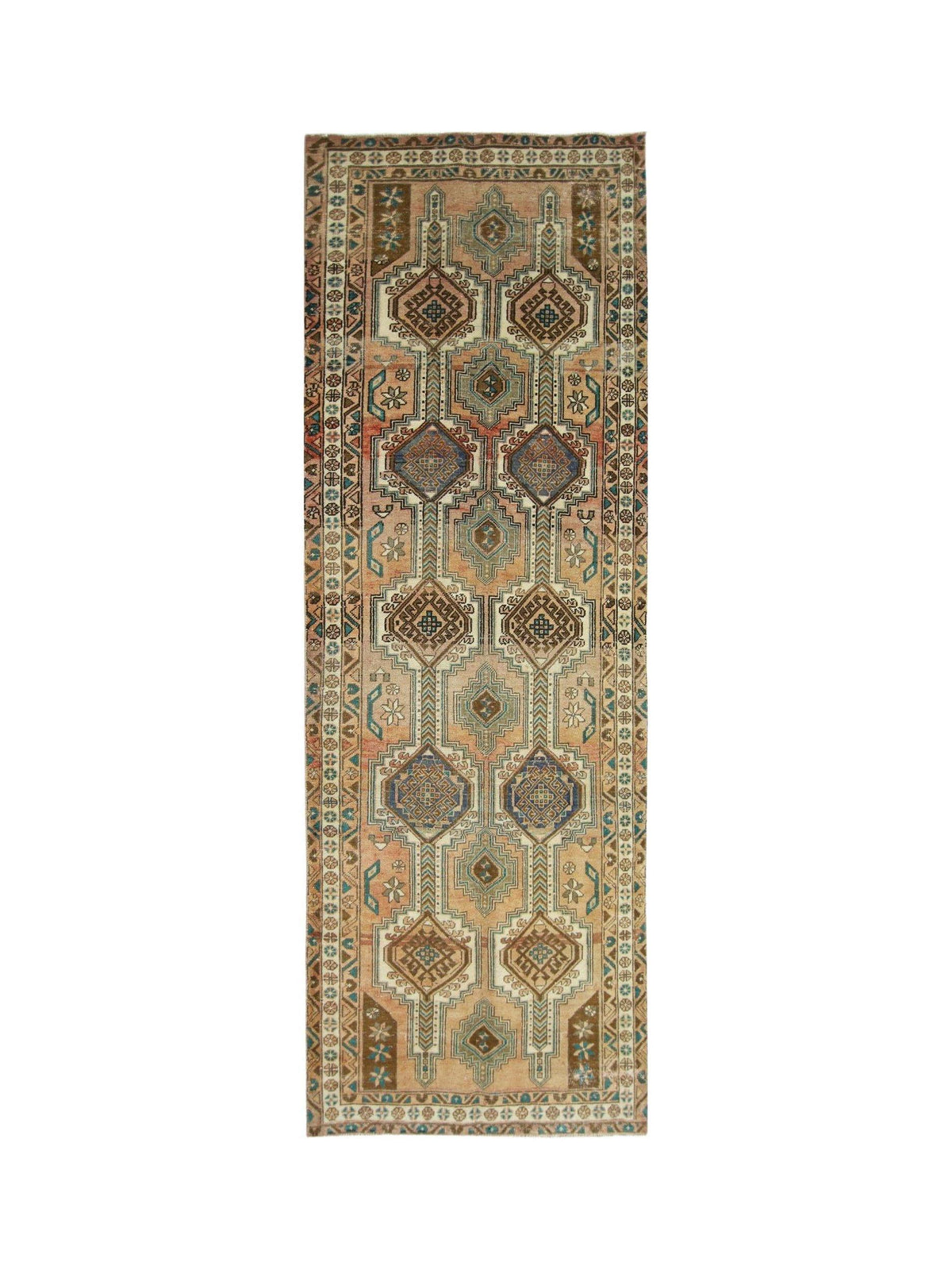 Hand-knotted vintage Persian Hamadan runner featuring repeating geometric medallions in earthy tones on a wool pile.