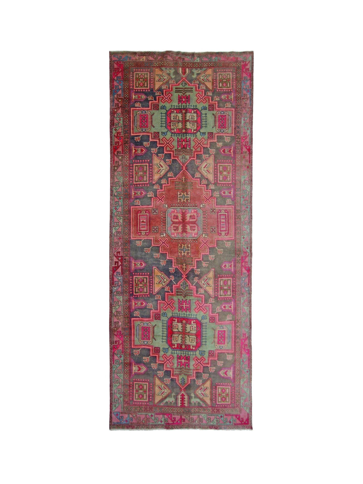 Hand-knotted vintage Hamadan runner featuring pink, grey, and green geometric medallions and tribal floral motifs.