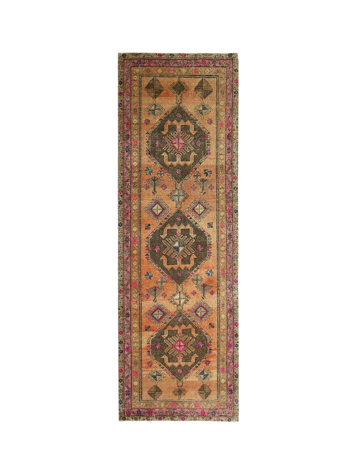 Hand-knotted vintage Hamadan runner with orange field, dark brown medallions, and colourful tribal floral motifs.