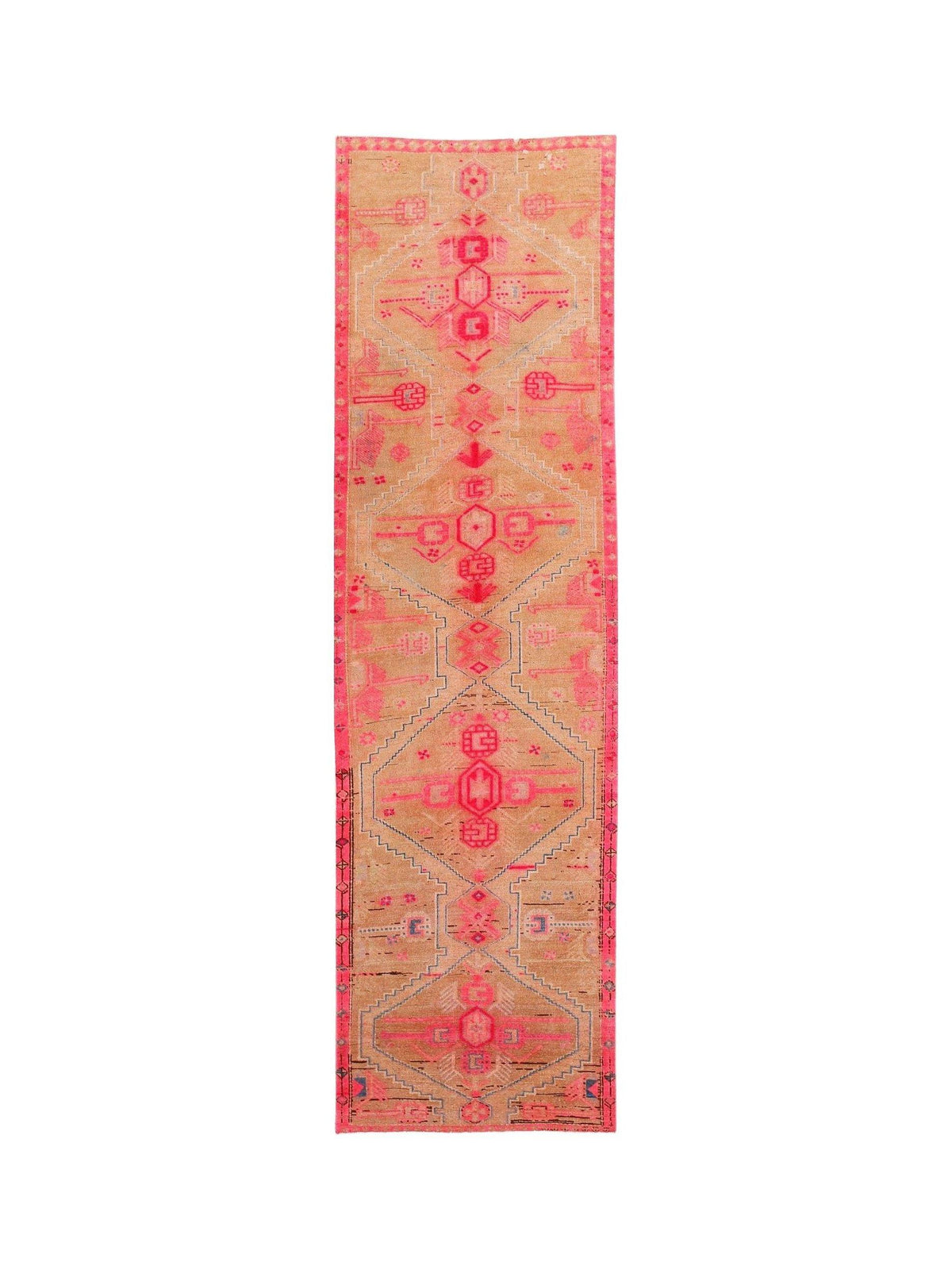 Hand-knotted vintage Hamadan runner in tan wool with repeating pink diamond medallions and angular tribal motifs.
