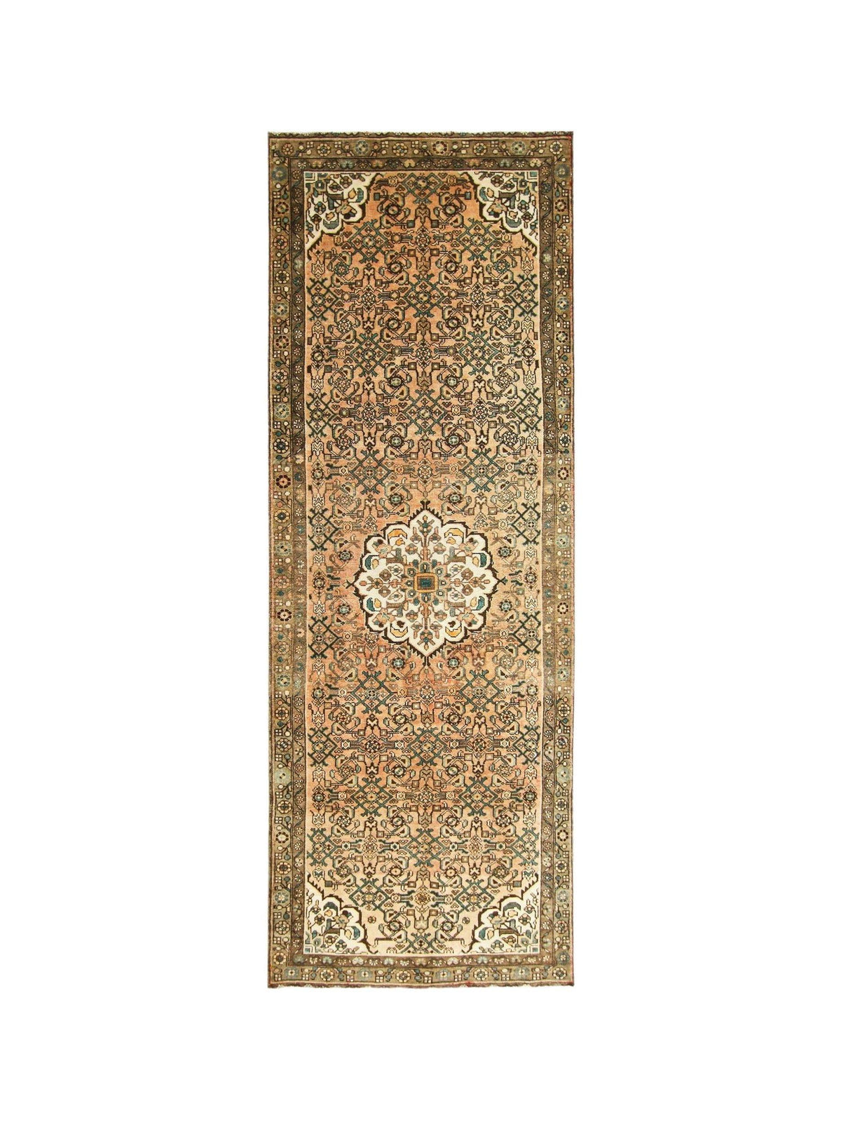 Vintage Persian Hossainabad runner with a warm orange field, geometric medallions, and intricate floral borders.