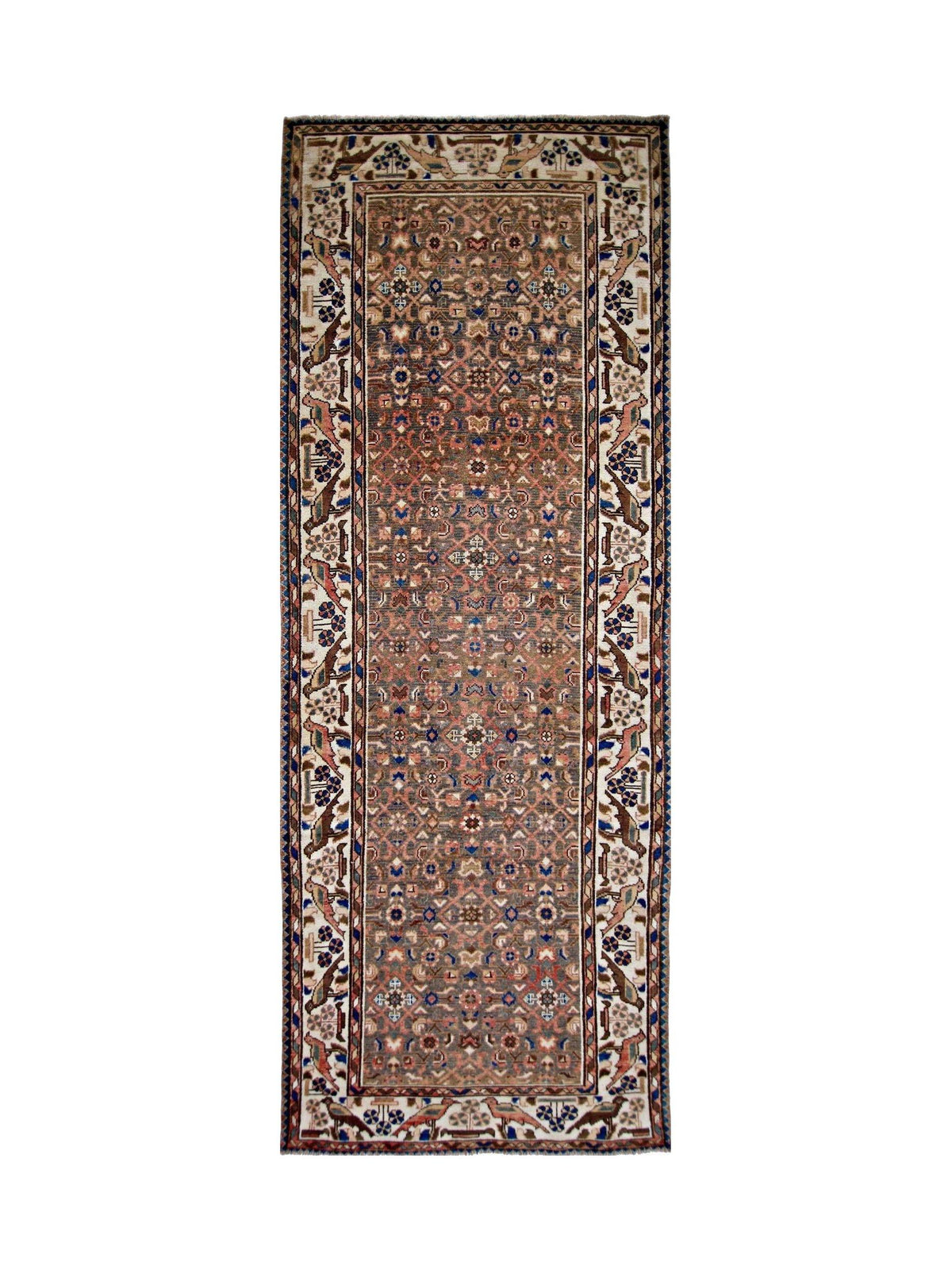 Vintage Persian Hossainabad runner featuring a brown field with repeating geometric medallions and floral borders.