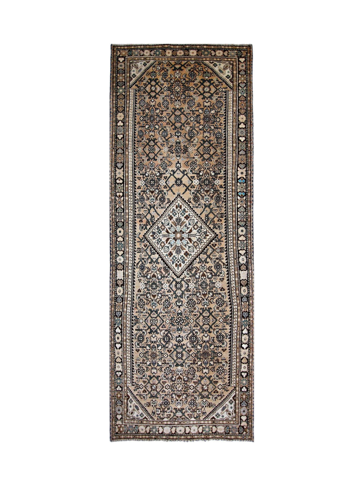 Vintage Persian Hossainabad runner featuring a tan field with geometric medallions, angular floral motifs, and dark borders.