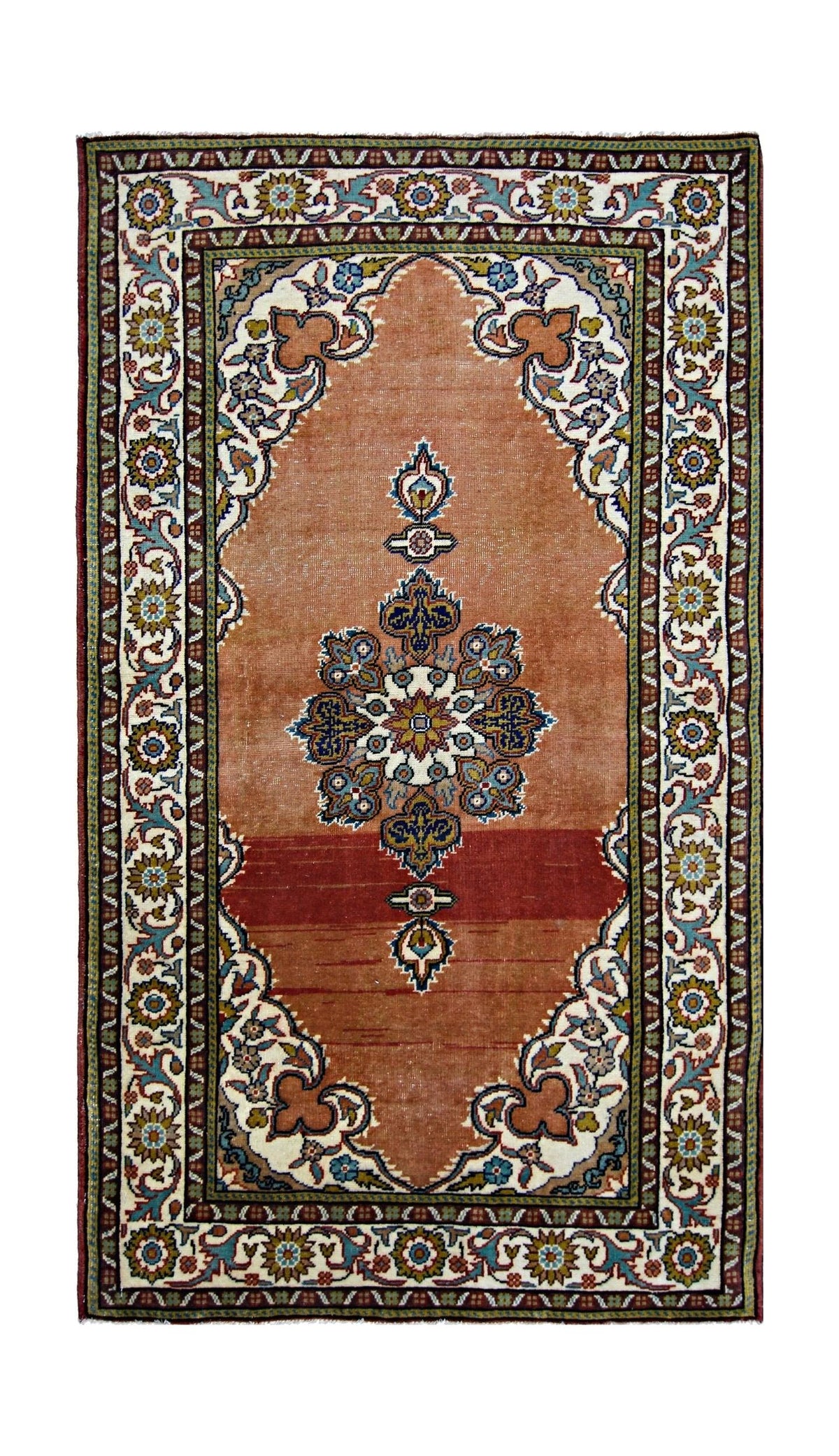 Hand-knotted vintage Persian Kashan rug with a terracotta field, central floral medallion, and intricate cream border.