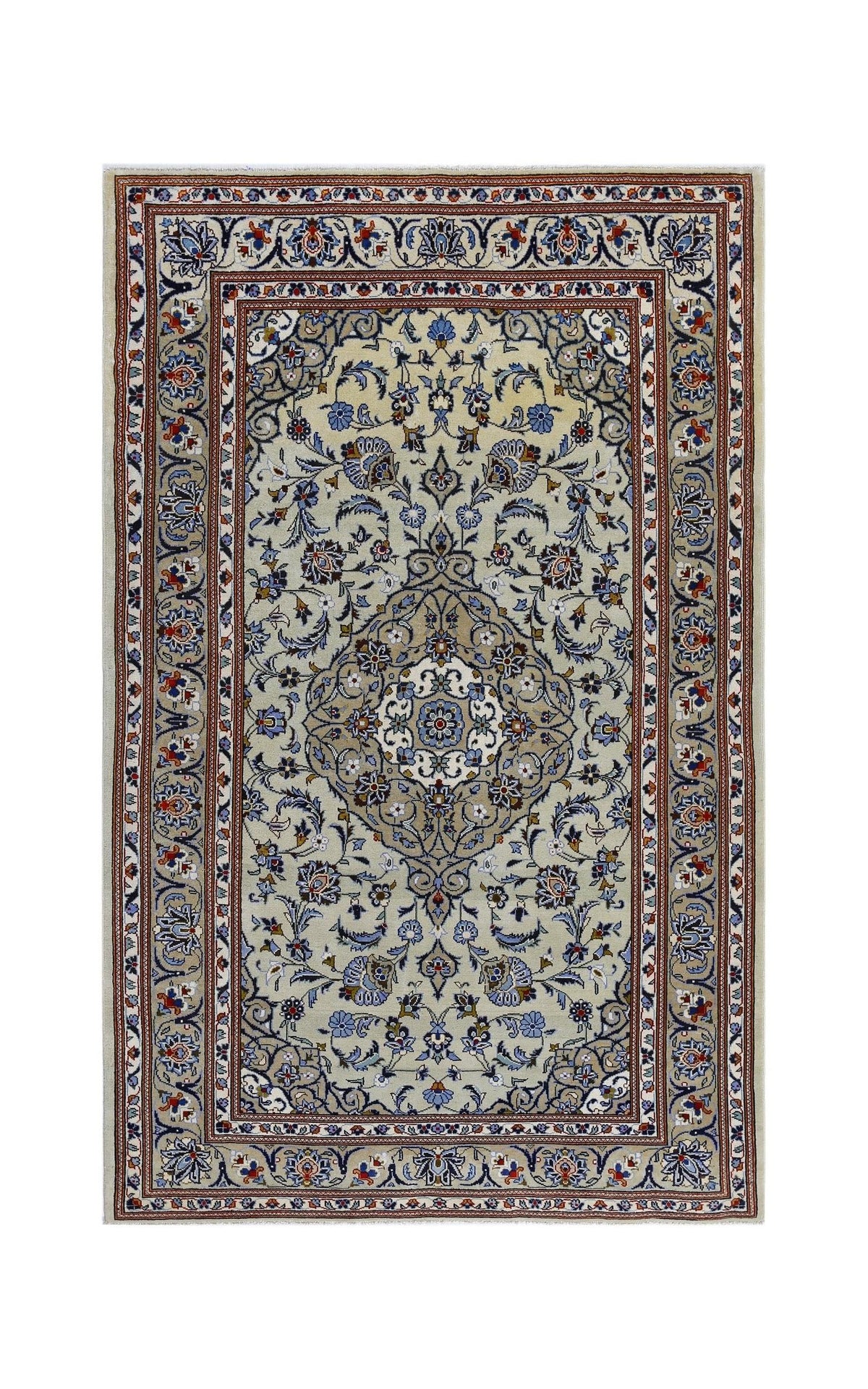 Hand-knotted vintage Persian Kashan rug with a central medallion, floral motifs, and blue and cream tones on a cotton base.