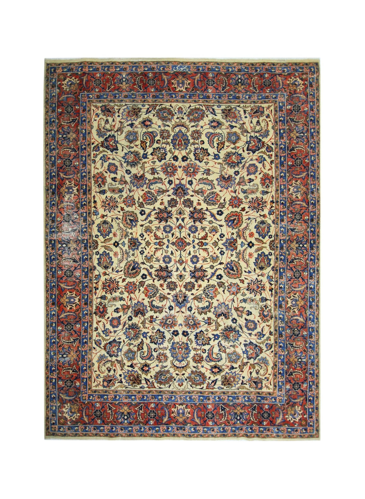 Hand-knotted vintage Persian Kashan rug featuring a cream field, central floral medallion, and intricate red and blue borders.