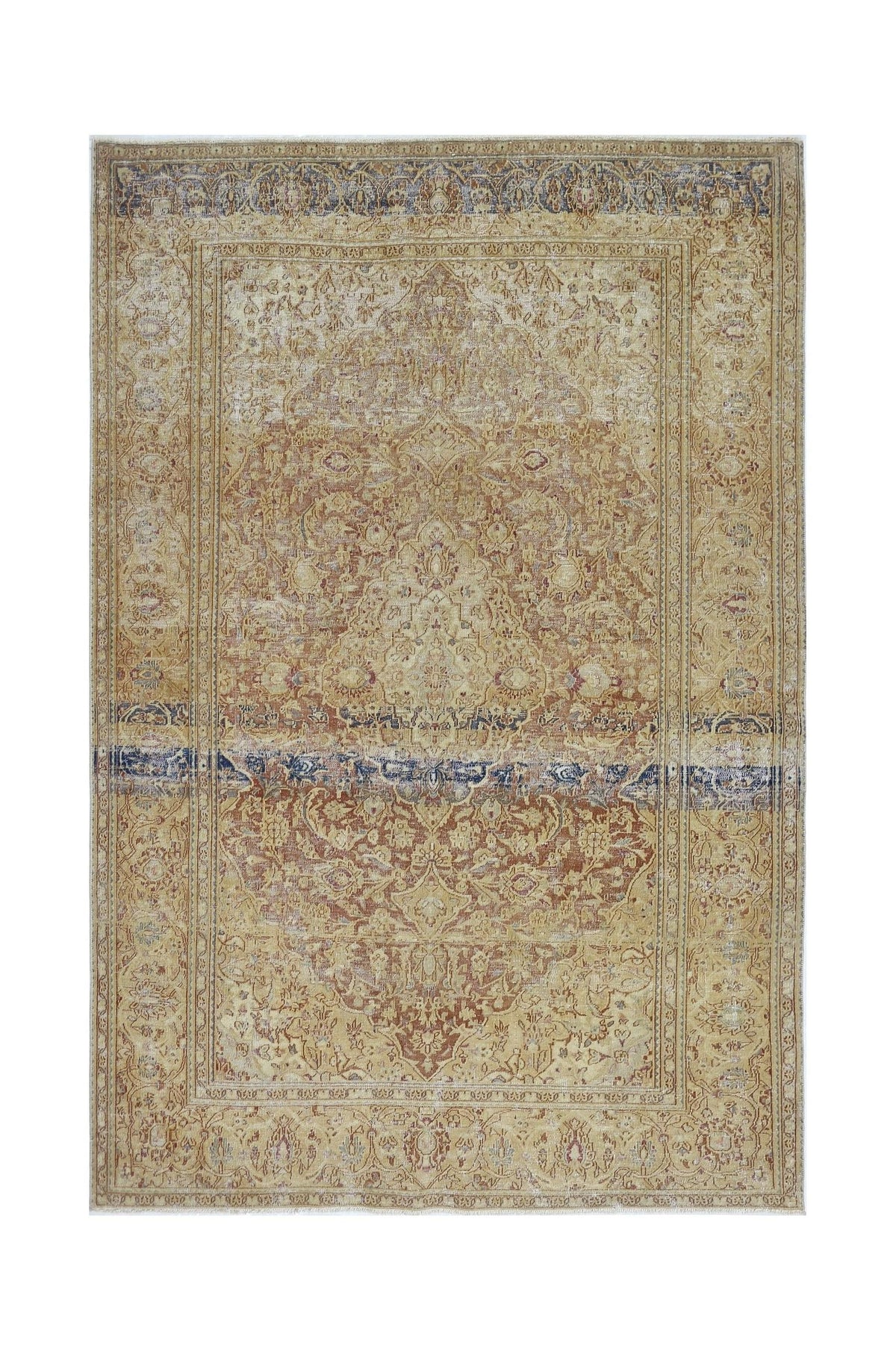 A vintage Persian Kerman rug featuring a central medallion and intricate floral patterns in gold.