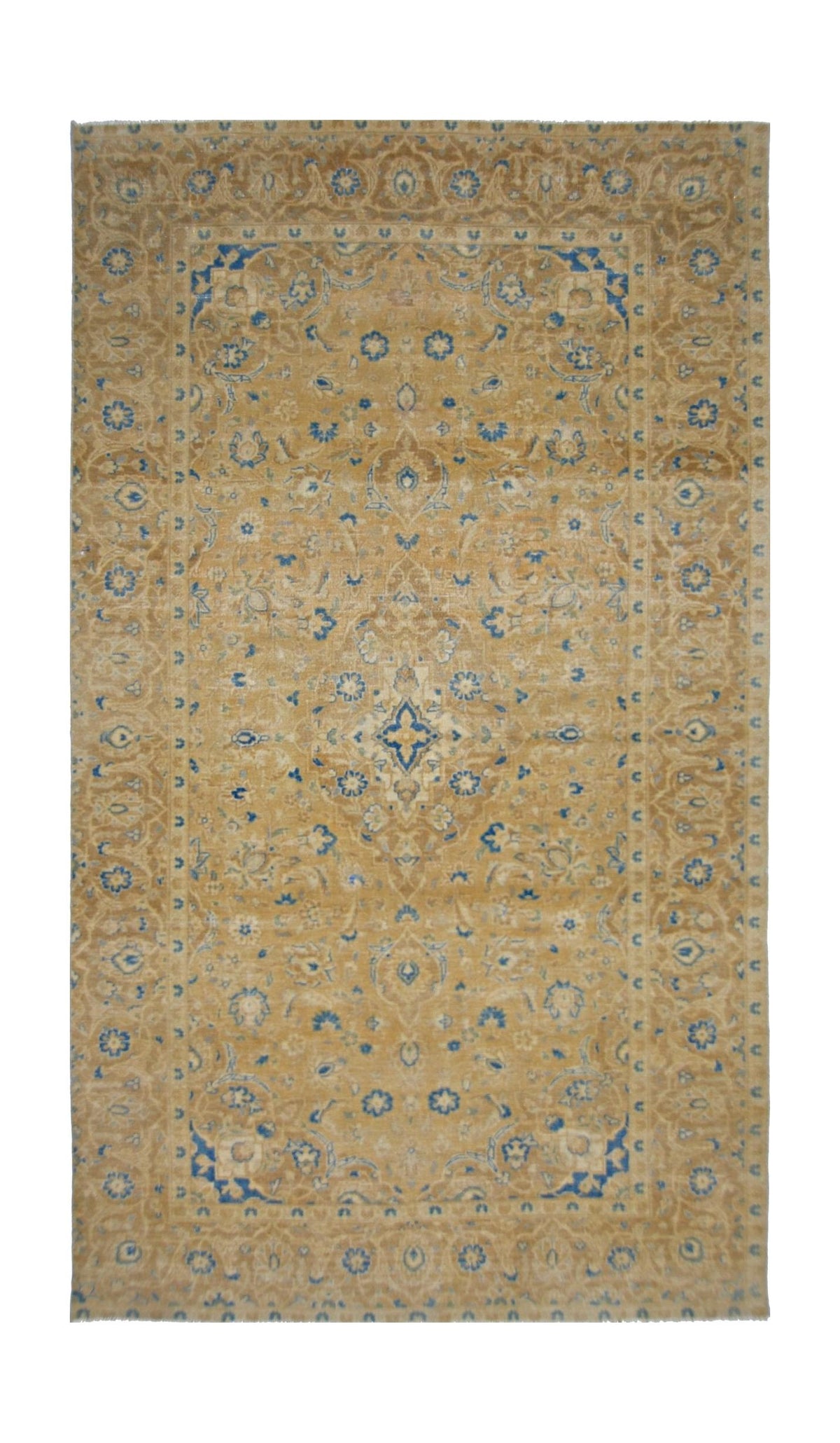 Vintage Persian Kerman rug featuring a central medallion and intricate floral patterns in gold and blue on wool.