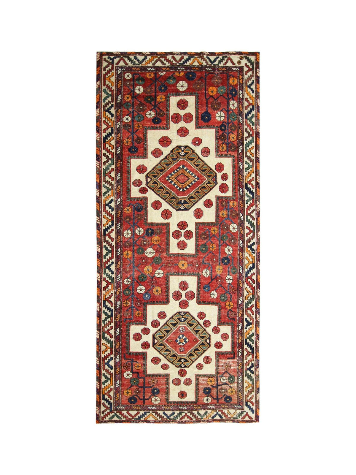 Vintage Persian Lori runner with red and cream geometric diamond medallions and floral motifs in hand-spun wool.
