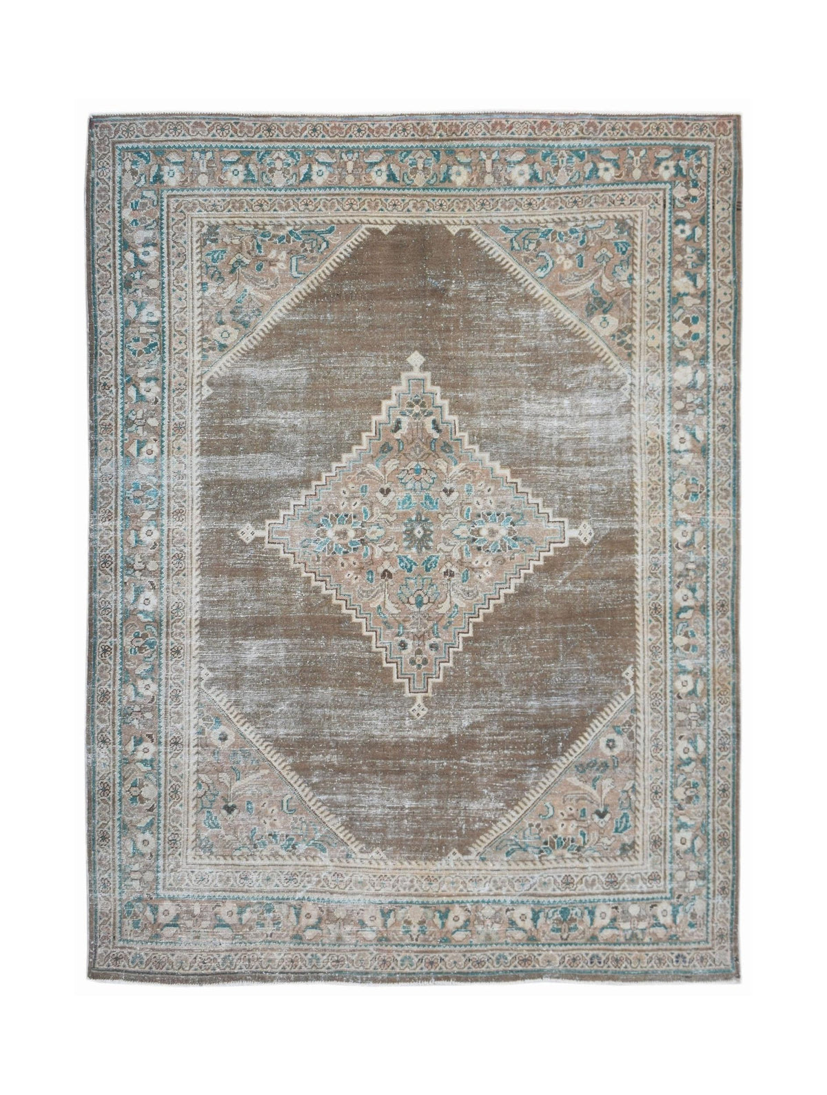 Vintage Persian Mahal rug featuring a brown field with a central floral diamond medallion in blue and ivory tones.