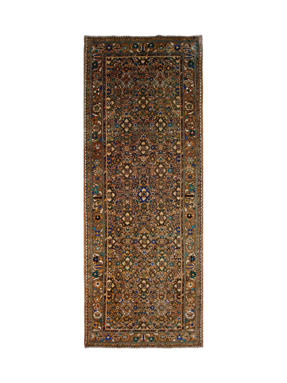 Vintage Persian Malayer runner with intricate floral patterns in deep indigo, rust red, and sage on a wool pile.