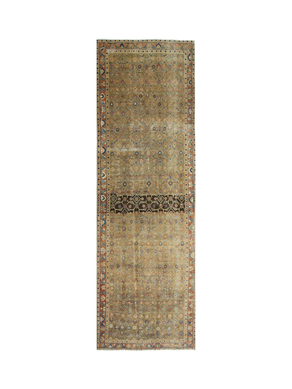 Vintage Persian Malayer runner featuring an intricate Herati pattern in sage, indigo, and rust red on a wool pile.