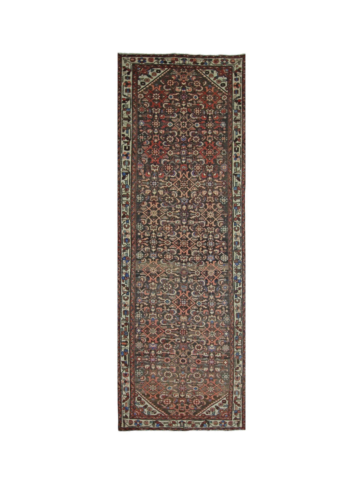 Vintage Persian Malayer runner with intricate Herati patterns in deep indigo, rust red, sage, and ivory on wool.
