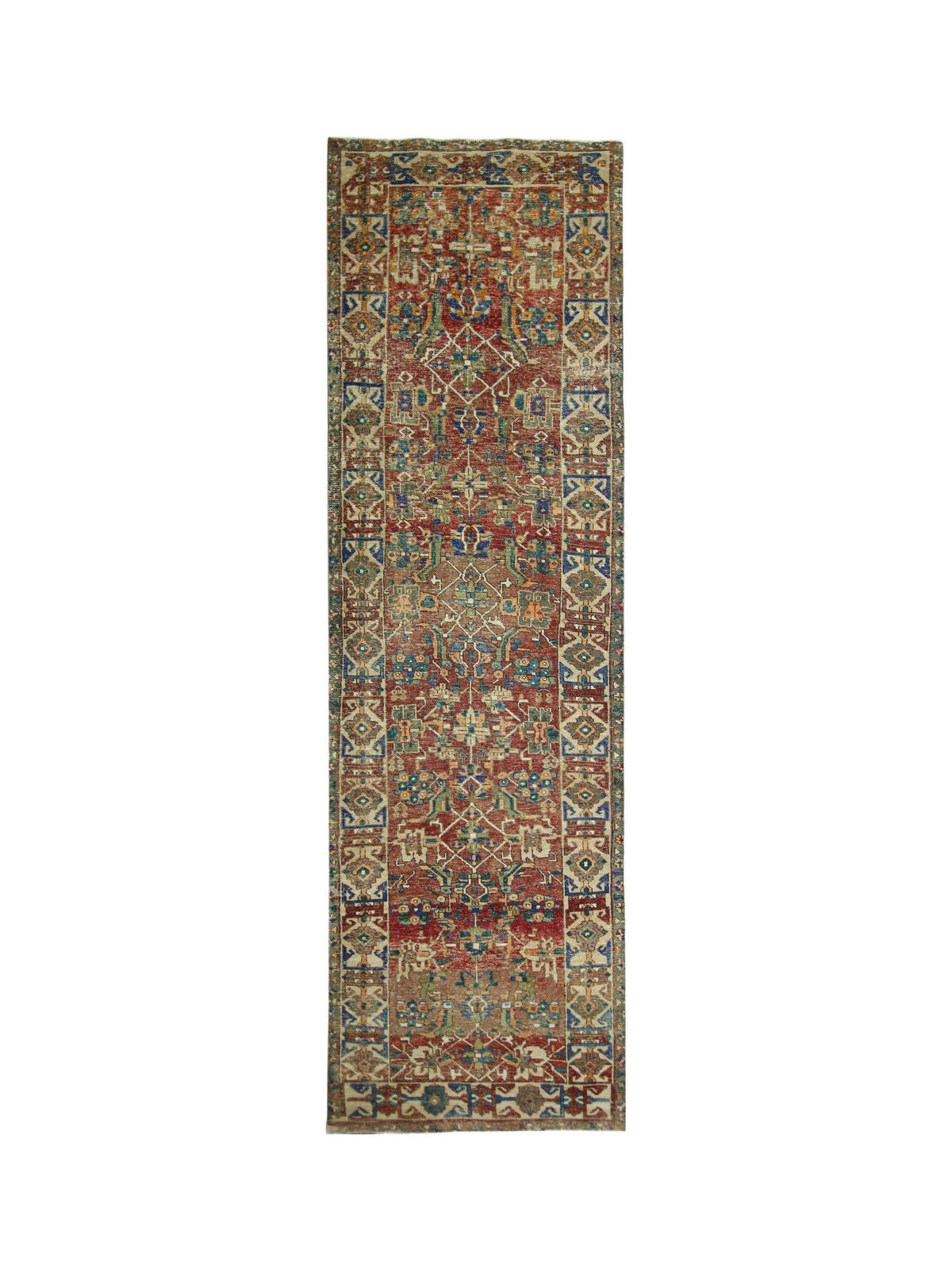 Vintage Persian Malayer runner with intricate geometric patterns in rust red, deep indigo, sage, and ivory wool.