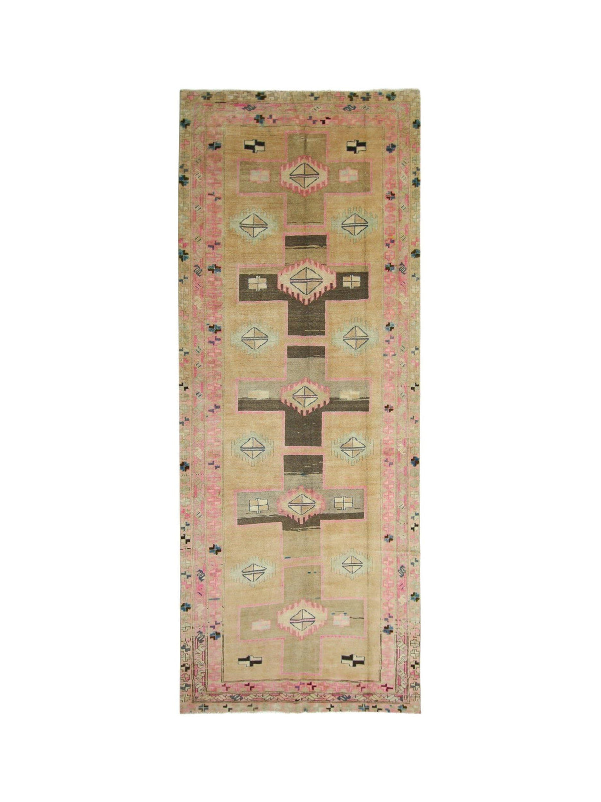 Vintage Persian Meshkin runner featuring geometric diamond medallions and pink accents on a tan field with a decorative border.