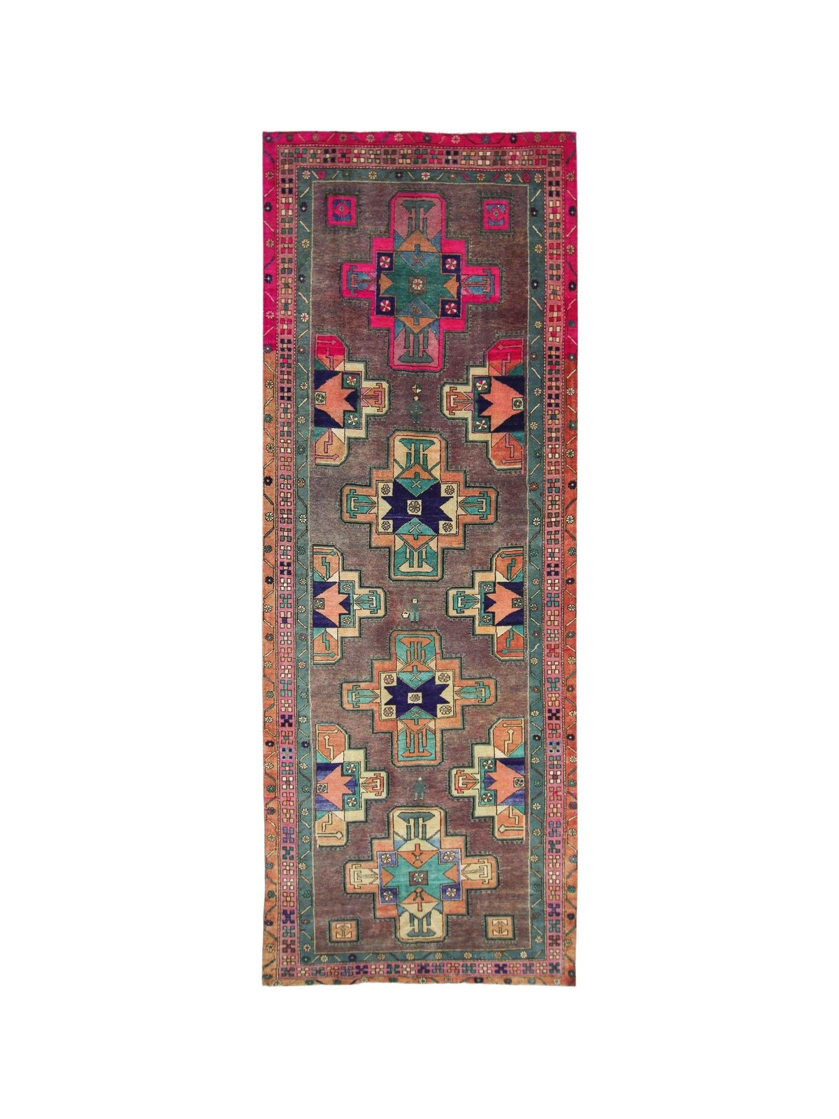 Vintage Persian Meshkin runner with a grey field, colourful geometric medallions, and a vibrant pink border.