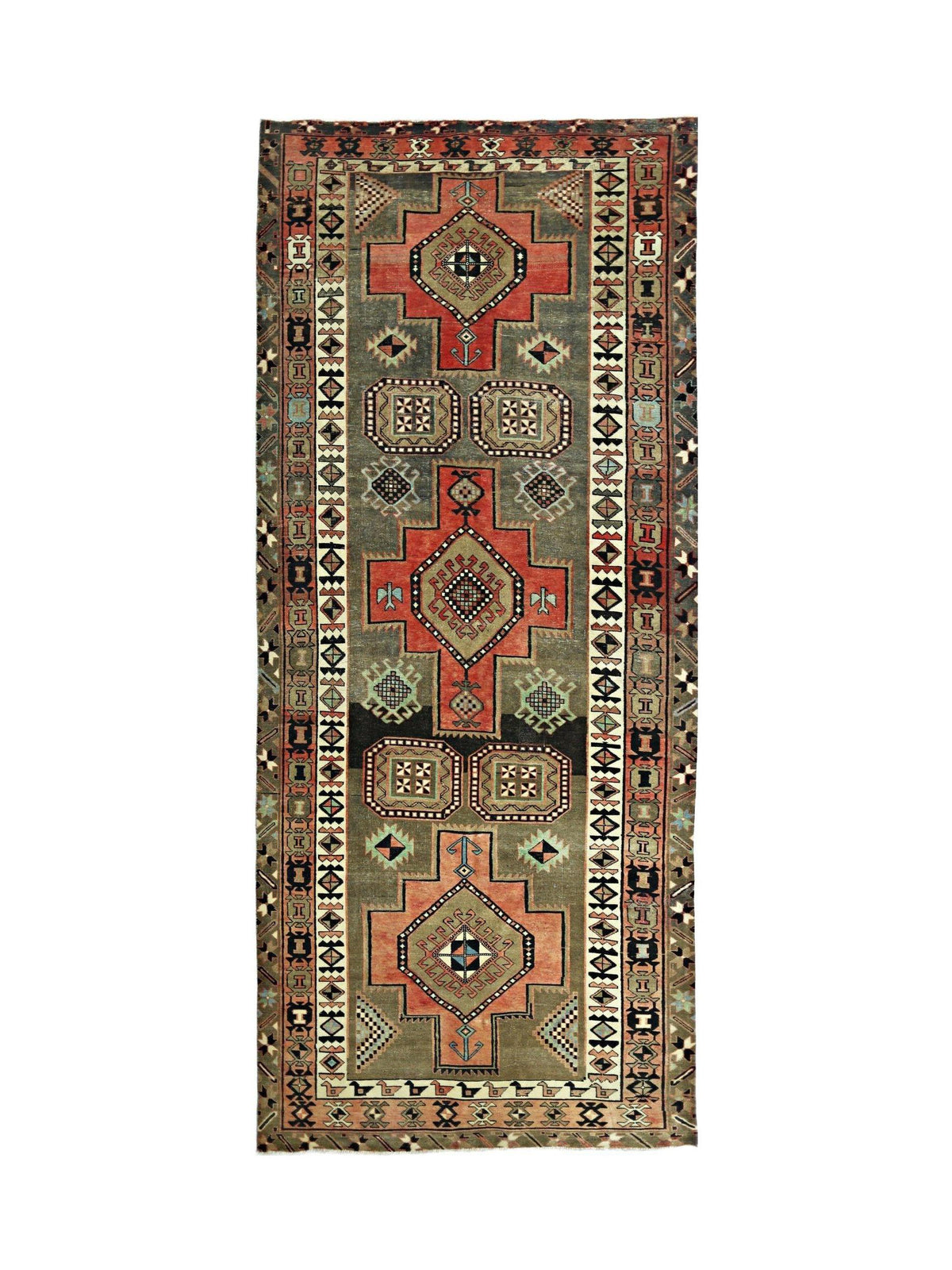 Vintage Persian Meshkin runner featuring red and green geometric medallions and intricate borders on a wool pile.