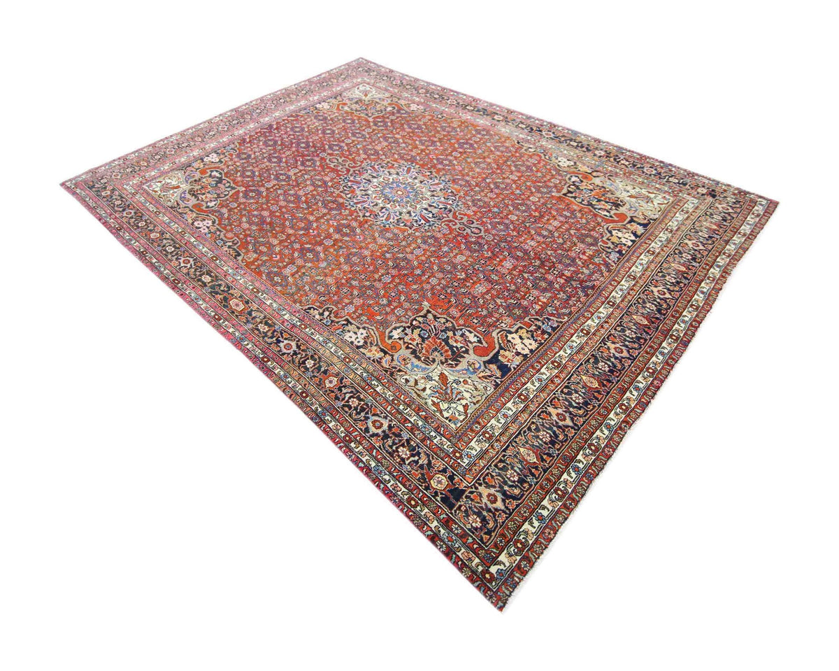 Vintage Persian Moud rug with a red Herati field, intricate floral patterns, and a detailed navy border.