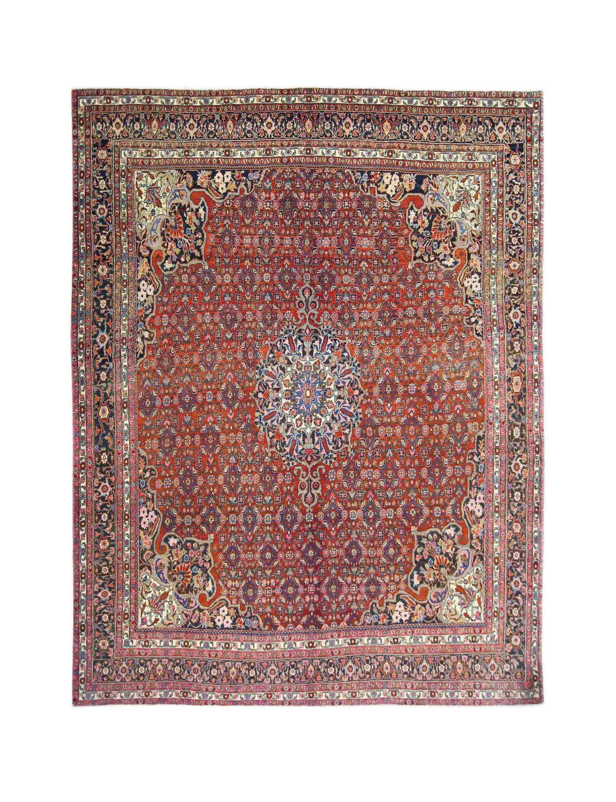 Vintage Persian Moud rug with a red Herati field, central floral medallion, and intricate navy and cream borders.