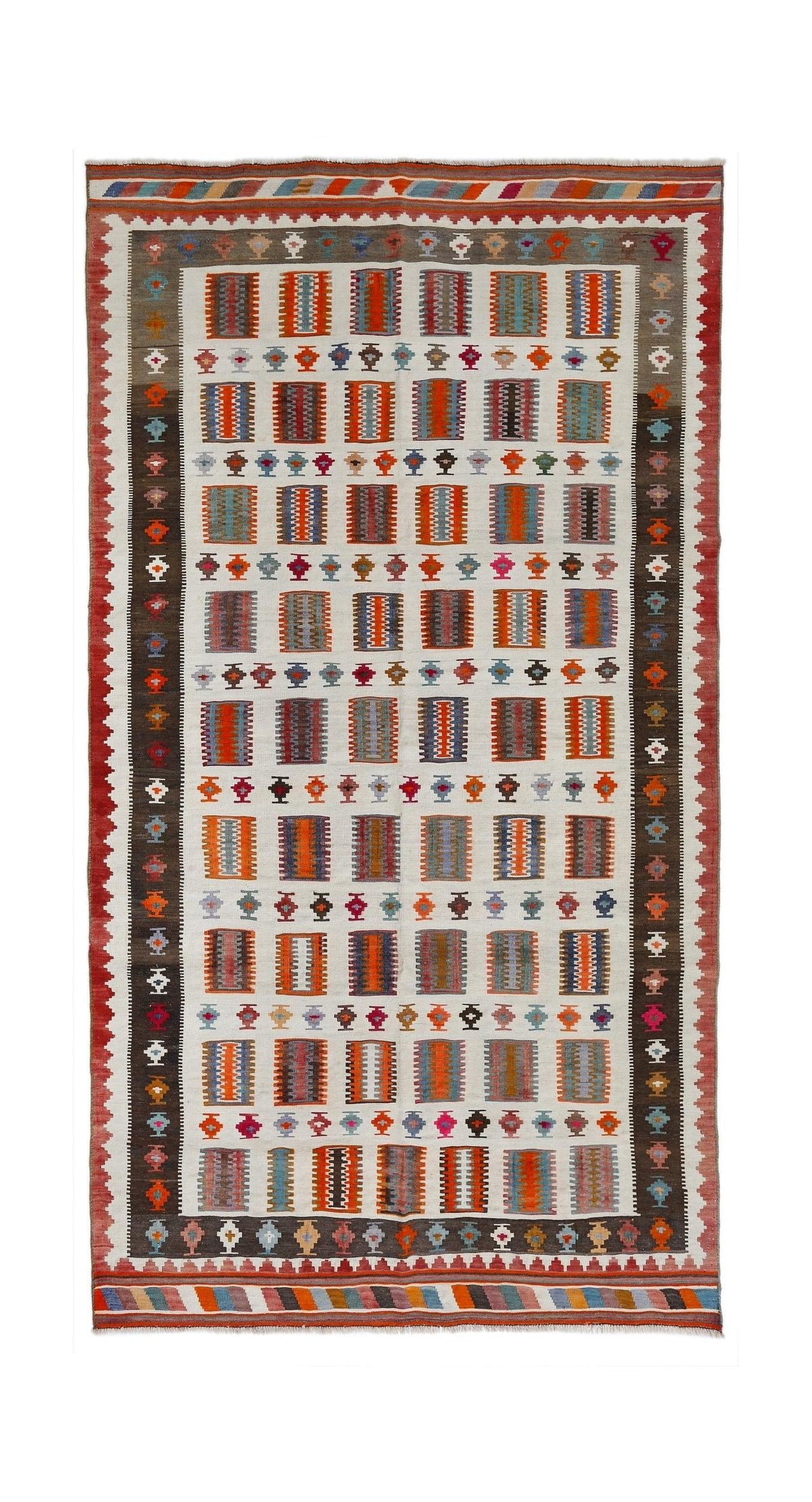 Handwoven Persian Qashqai kilim featuring a cream field with colourful geometric motifs, a dark border, and striped fringe ends.