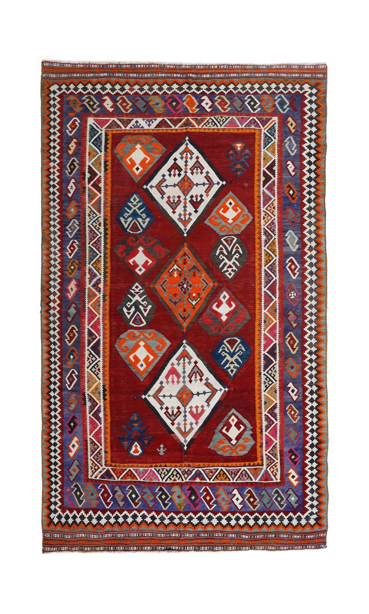 Handwoven Persian Qashqai kilim in deep red with colourful geometric diamond motifs and a patterned blue border.