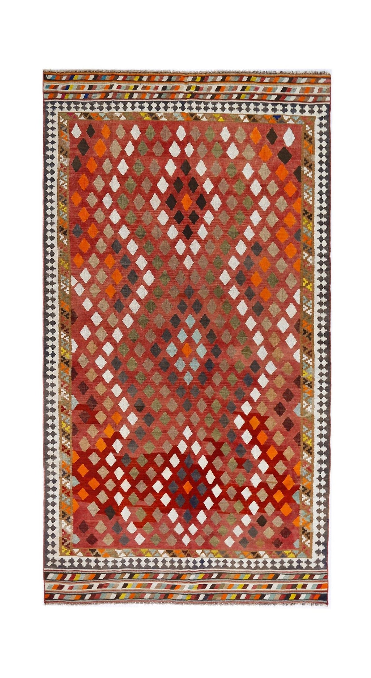 Handwoven Persian Qashqai kilim featuring a red field with a geometric diamond pattern and a multi-coloured striped border.