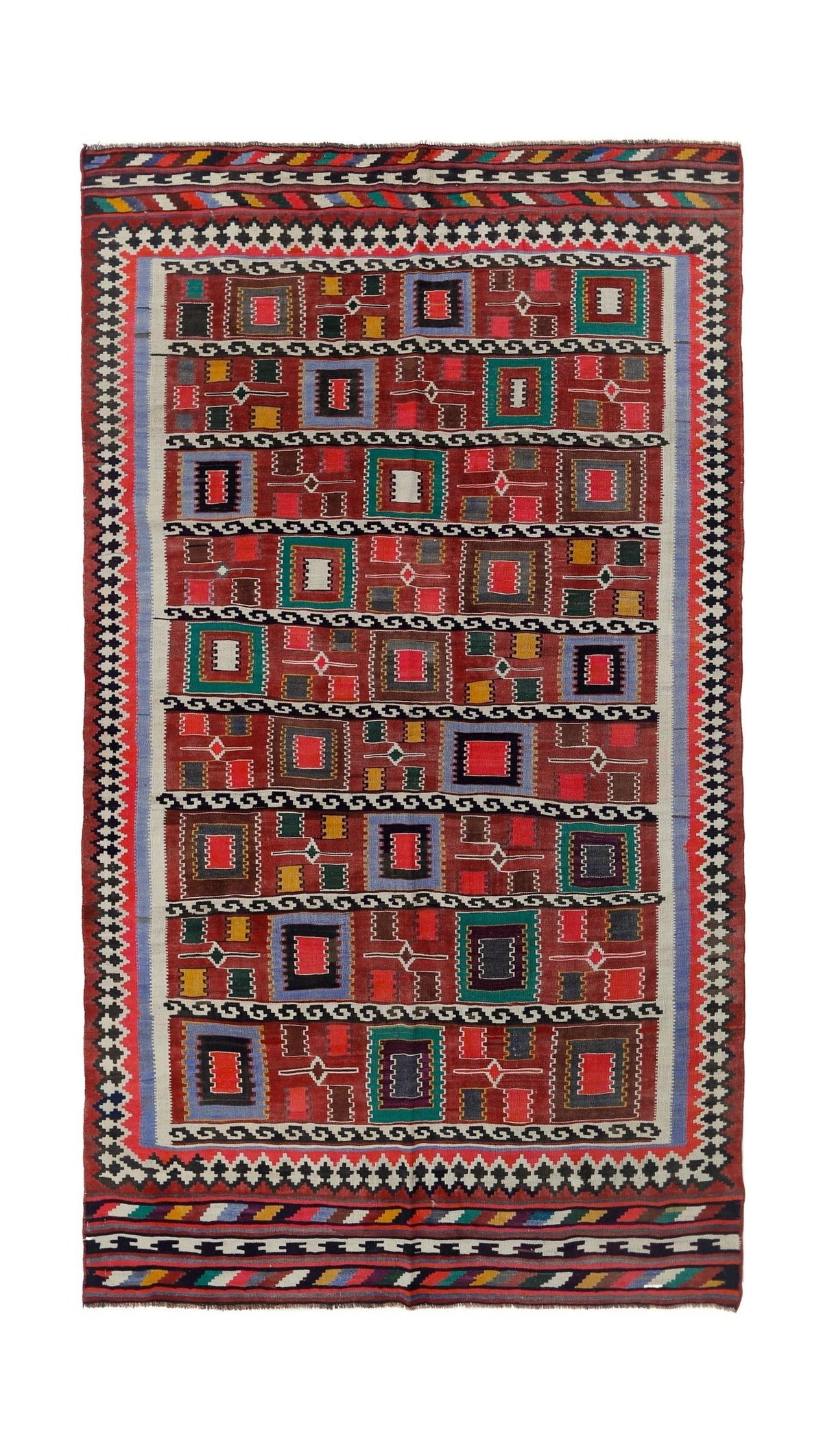 Handwoven red Qashqai kilim featuring geometric square motifs, a decorative diamond border, and a short wool fringe.