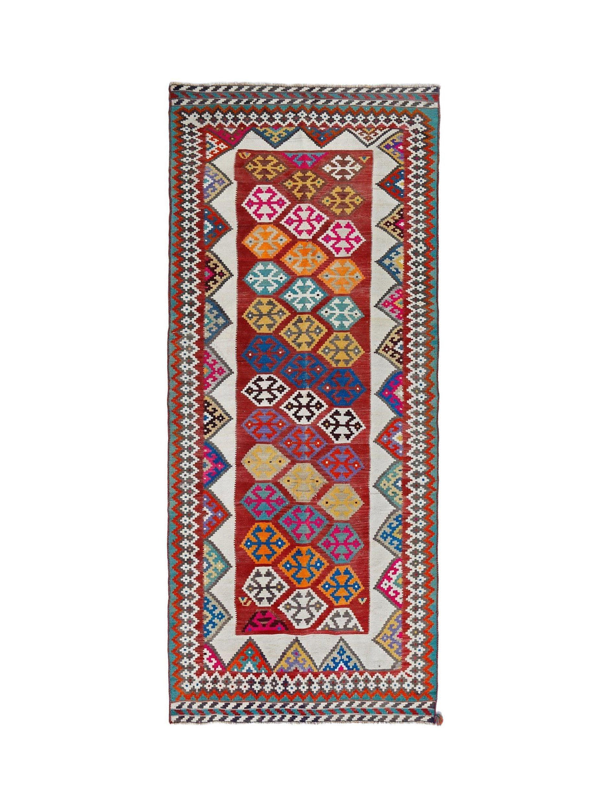 Vintage Persian Qashqai kilim runner featuring a red field with colourful geometric diamond patterns and intricate borders.