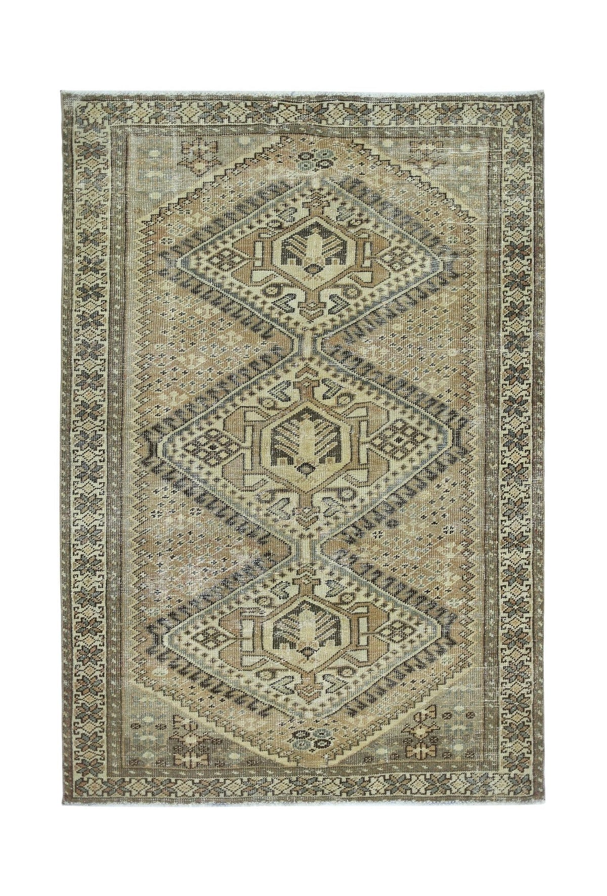 Vintage Persian Qashqai rug in earthy brown and beige tones featuring a central diamond medallion pattern.