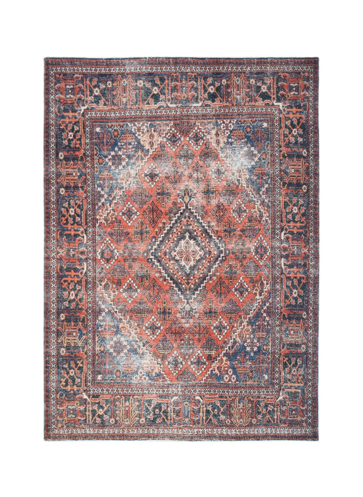 A vintage Persian Ghashghai rug featuring a traditional geometric pattern in red and blue tones.