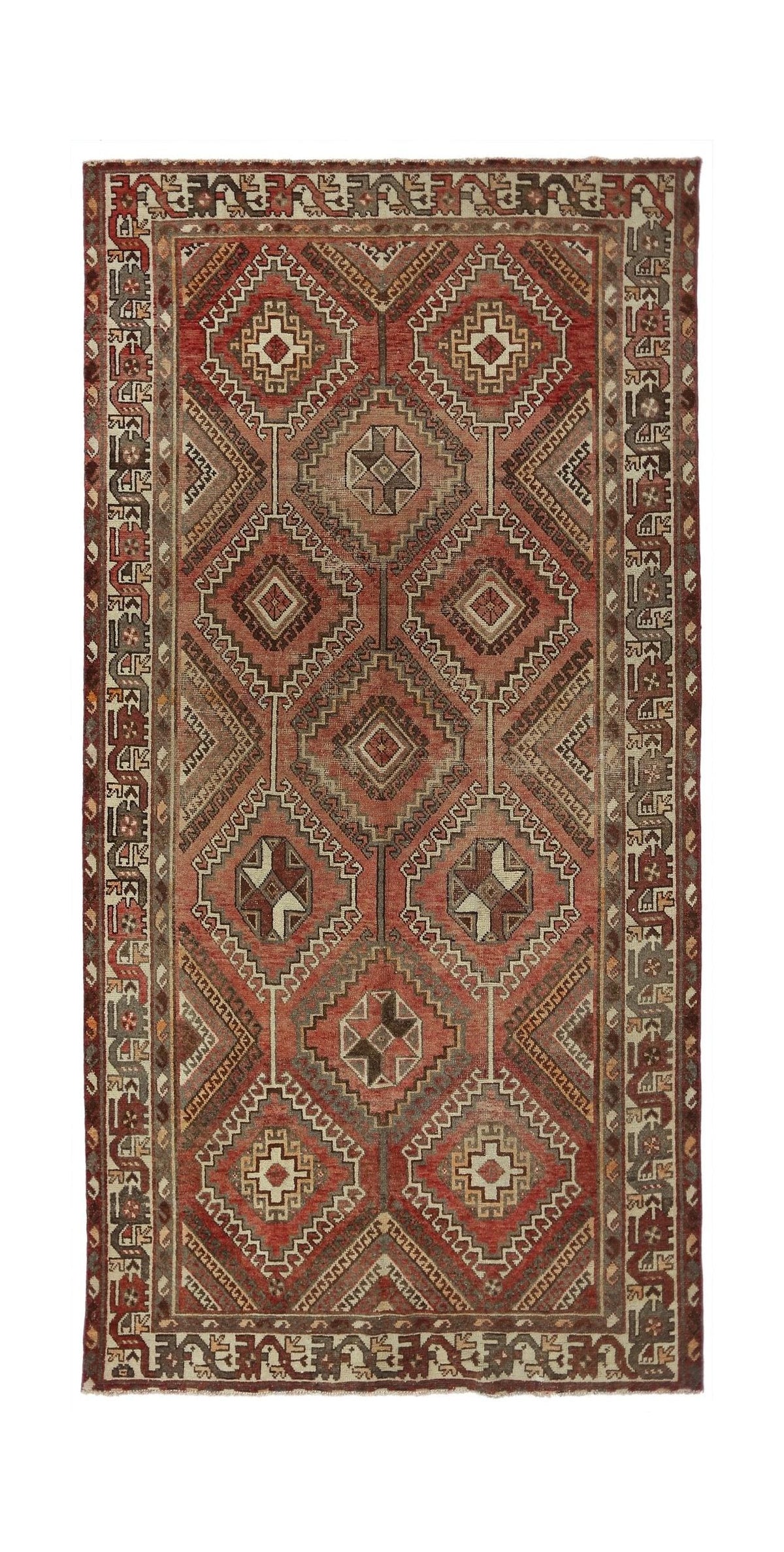 Vintage Persian Qashqai rug in red and brown with a repeating diamond pattern and intricate geometric border.