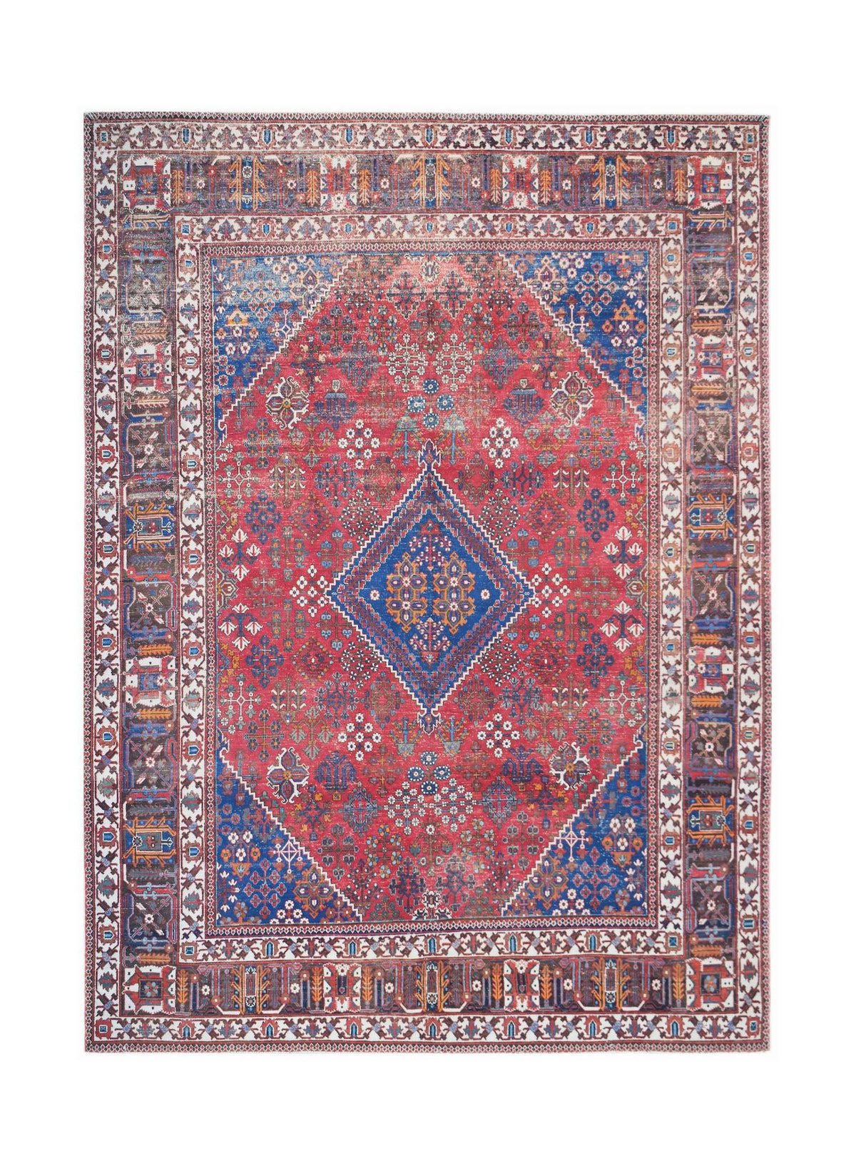 A vintage handwoven Persian Ghashghai rug featuring a red field with a central blue diamond motif.