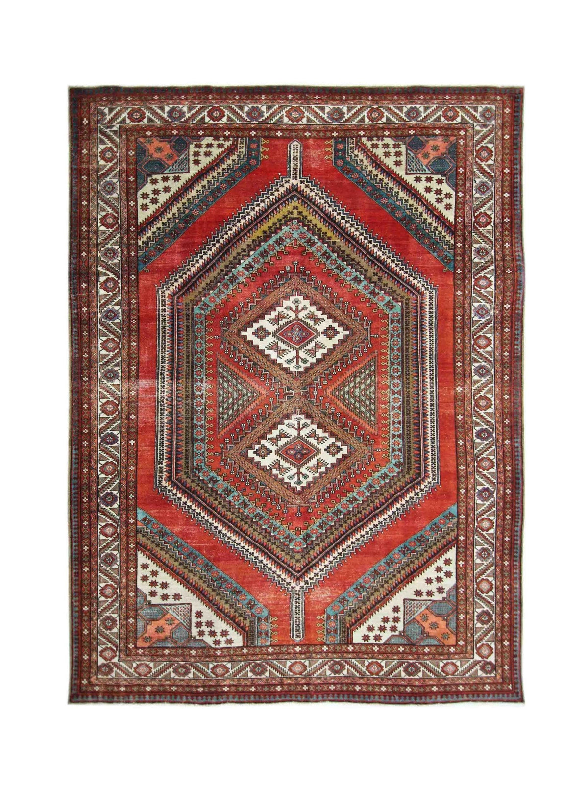Vintage Persian Qashqai rug with a red field, geometric diamond medallions, and intricate blue and cream tribal borders.