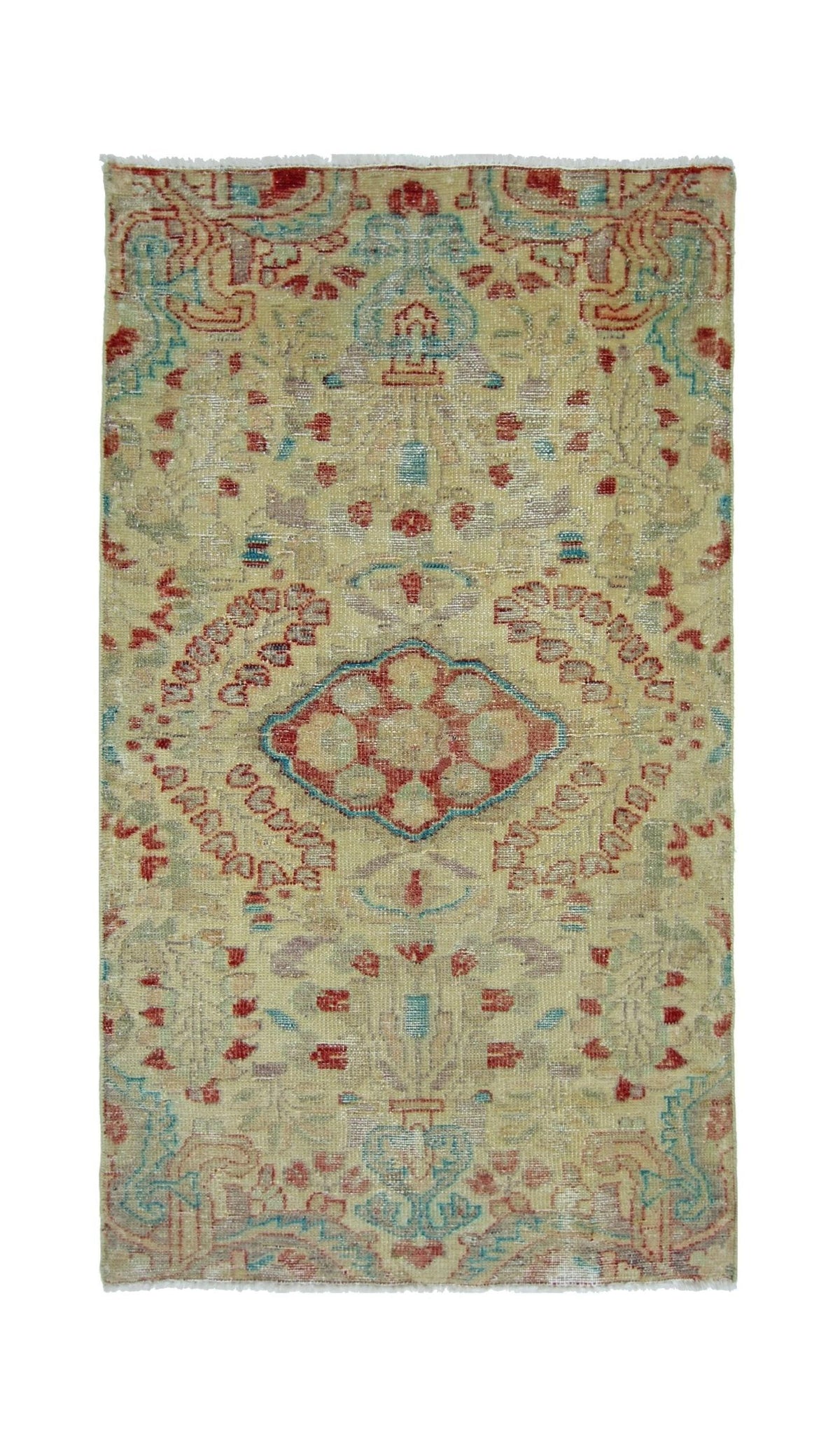 A vintage Persian rug featuring a central geometric medallion in red and blue on a beige field.