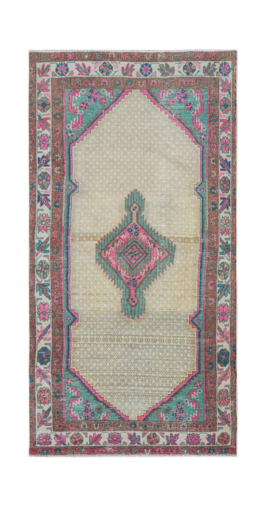 Vintage Persian rug with a diamond medallion and floral borders.