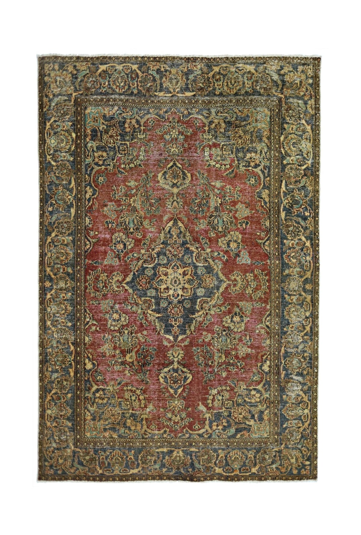 A vintage Persian rug featuring a central medallion and floral patterns in red, blue, and gold.