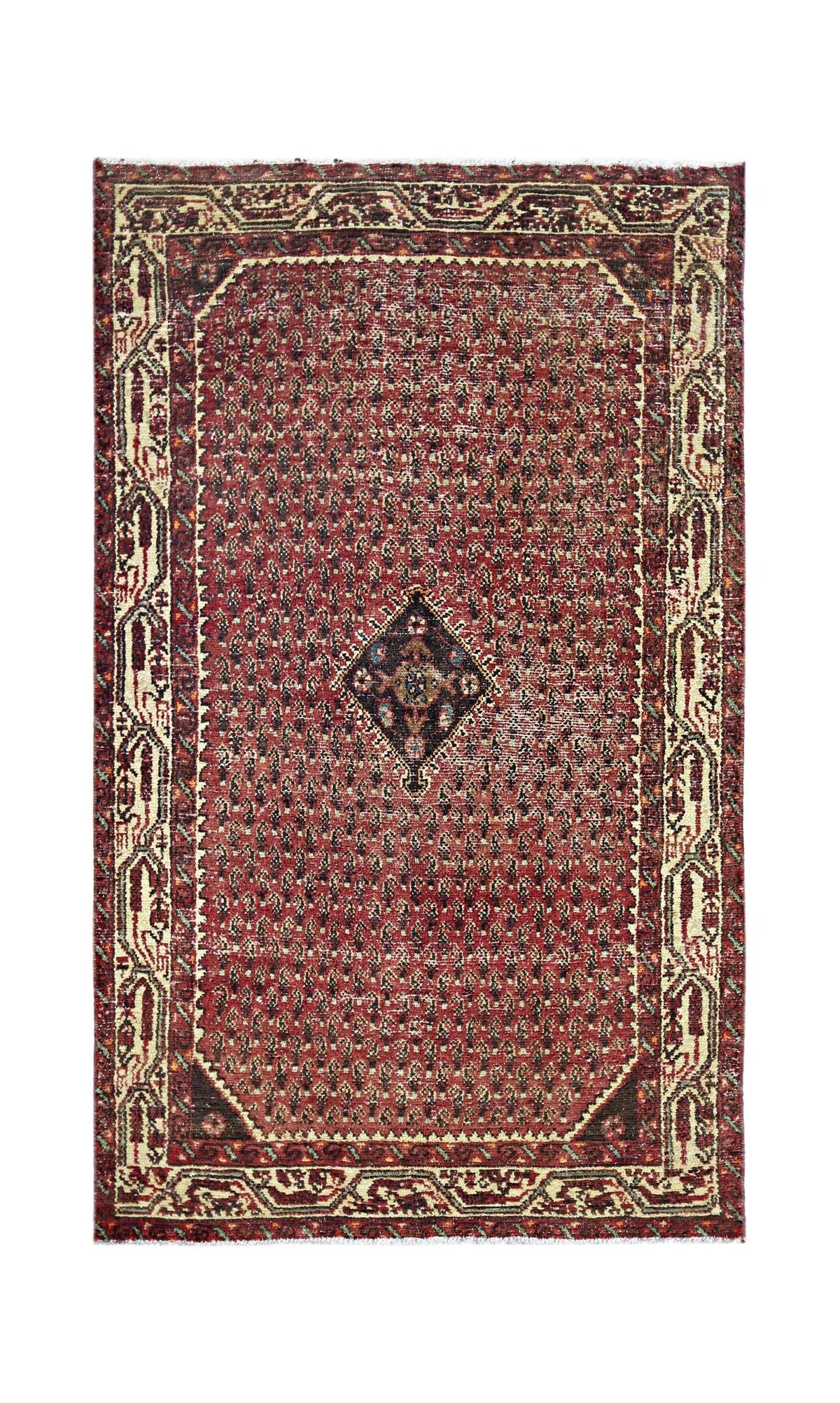 A vintage Persian Saraband rug featuring a red field with a central diamond motif and ornate borders.
