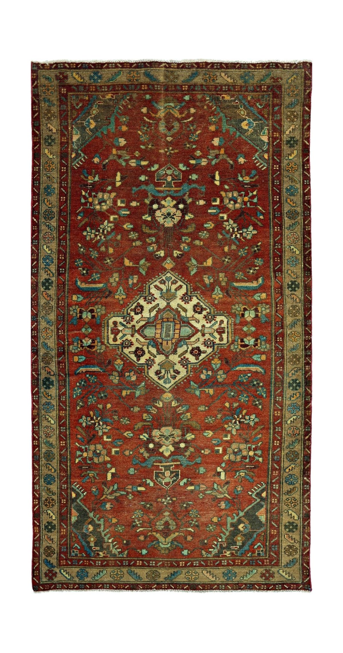 Vintage Persian Sarouk runner in red with a central floral medallion, intricate vines, and a decorative border.