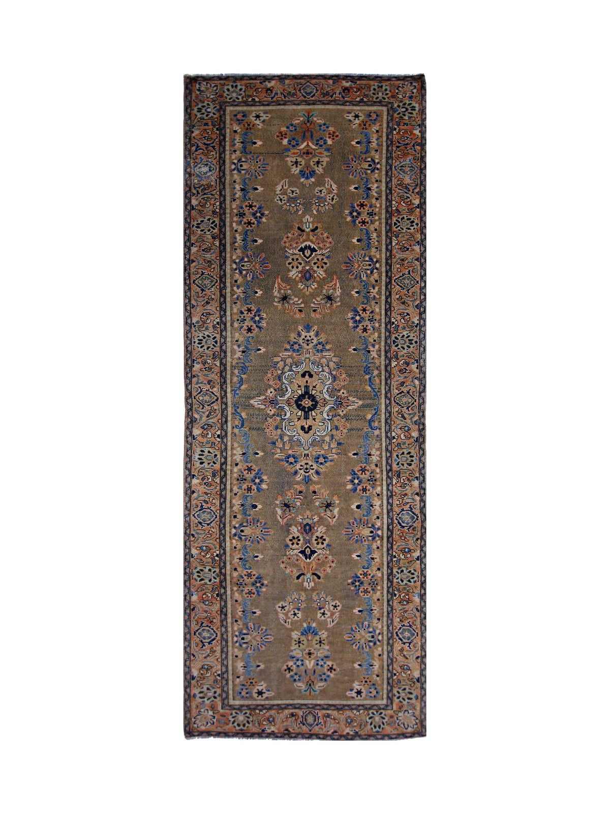 Vintage Persian Sarouk runner with a taupe field, intricate floral sprays, and a decorative blue and orange border.