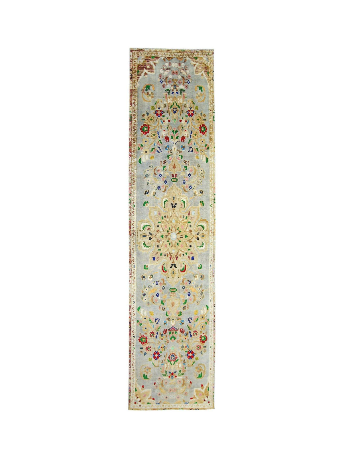 Vintage Persian Sarouk runner in pale blue with a dense, colourful floral pattern and hand-knotted wool pile.