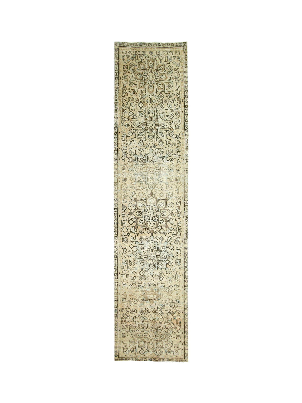 Vintage Persian Sarouk runner in cream and brown with intricate floral patterns, hand-knotted wool on a cotton foundation.